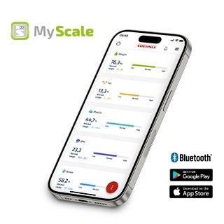 Ein Smartphone mit geoeffneter Gesundheits-App zeigt Gewichtsdaten; MyScale-Logo links oben, Bluetooth und App-Store-Logos rechts unten.