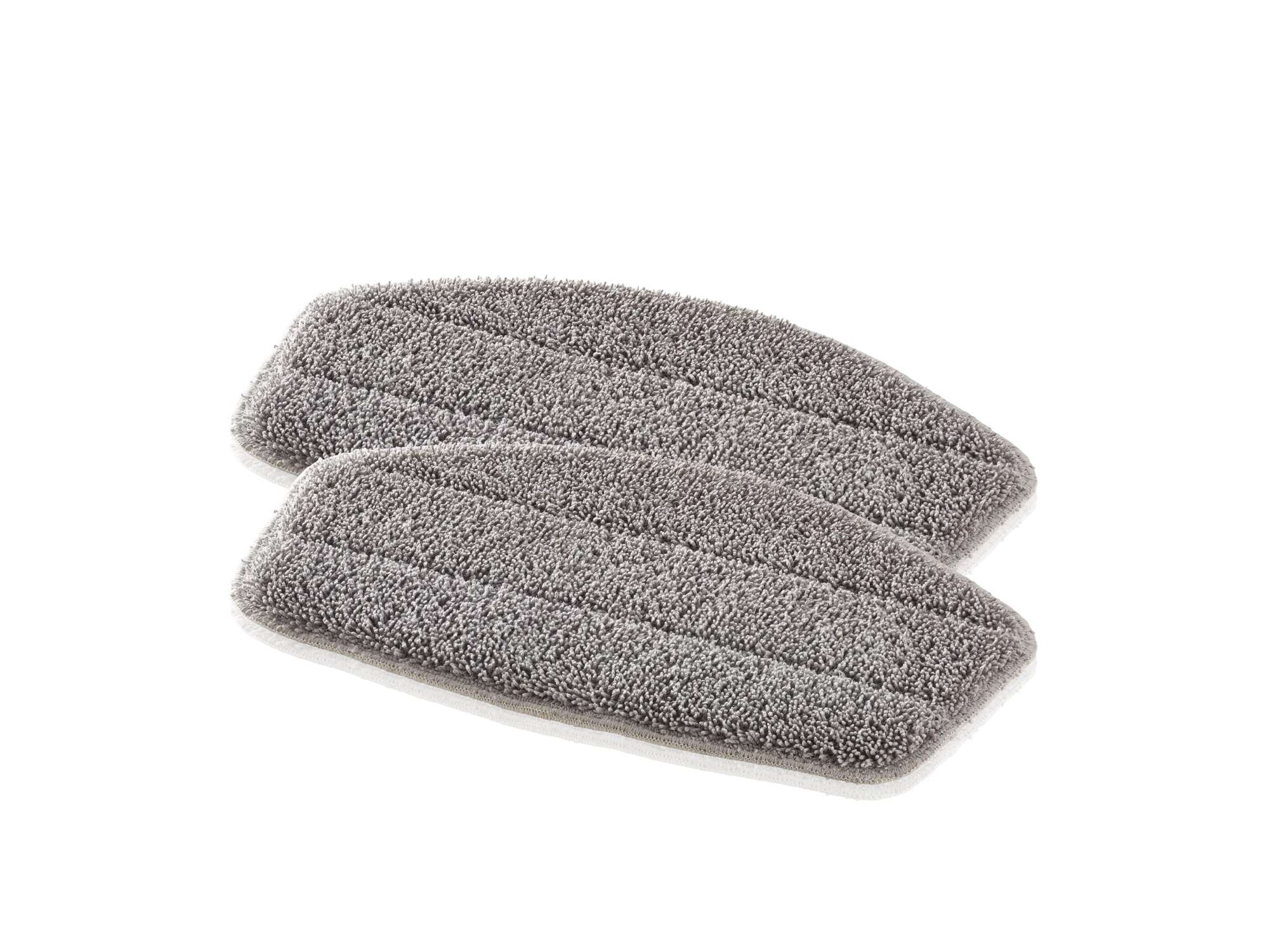 Deux patins de rechange gris pour le nettoyeur vapeur Clean Tenso. Les patins sont rectangulaires et fabriqués dans un matériau doux, idéal pour nettoyer les sols en profondeur.