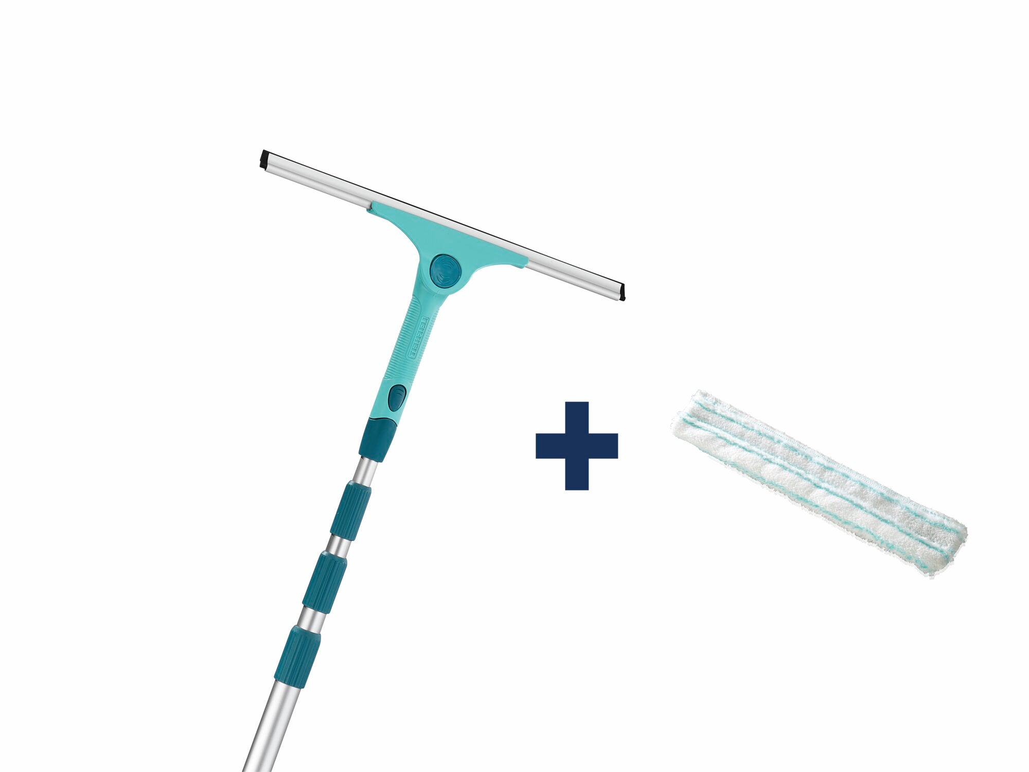 Ein Teleskop-Abzieher-Set mit einer Reichweite von bis zu 4 Metern. Enthält einen XL-Abzieher und einen zusätzlichen Reinigungseinsatz. Ideal für hohe Fenster.