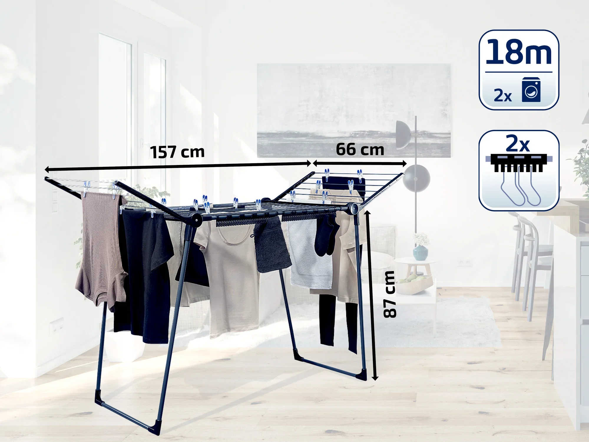 Wolnostojąca suszarka o długości suszenia 18 metrów. Ma 157 cm szerokości, 66 cm głębokości i 87 cm wysokości. Idealna do użytku w pomieszczeniach, oferuje miejsce na dwa wsady pralki.