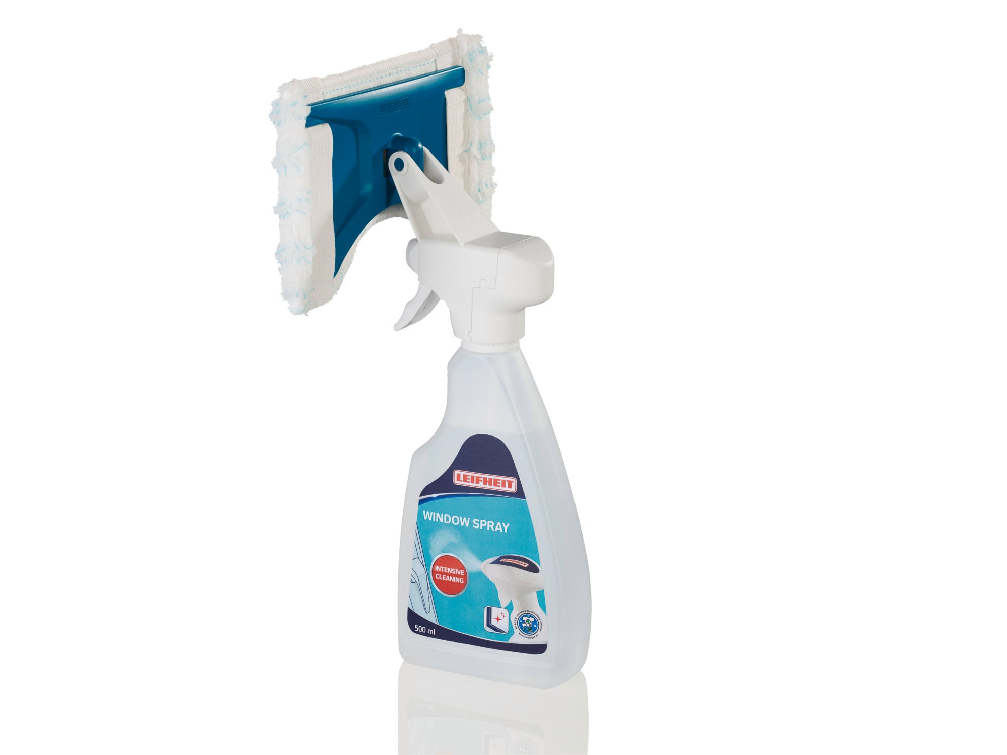 Spruzzatore per finestre con panno integrato, ideale per pulire vetri e specchi. Design ergonomico con serbatoio spray per una pulizia efficace e senza aloni.