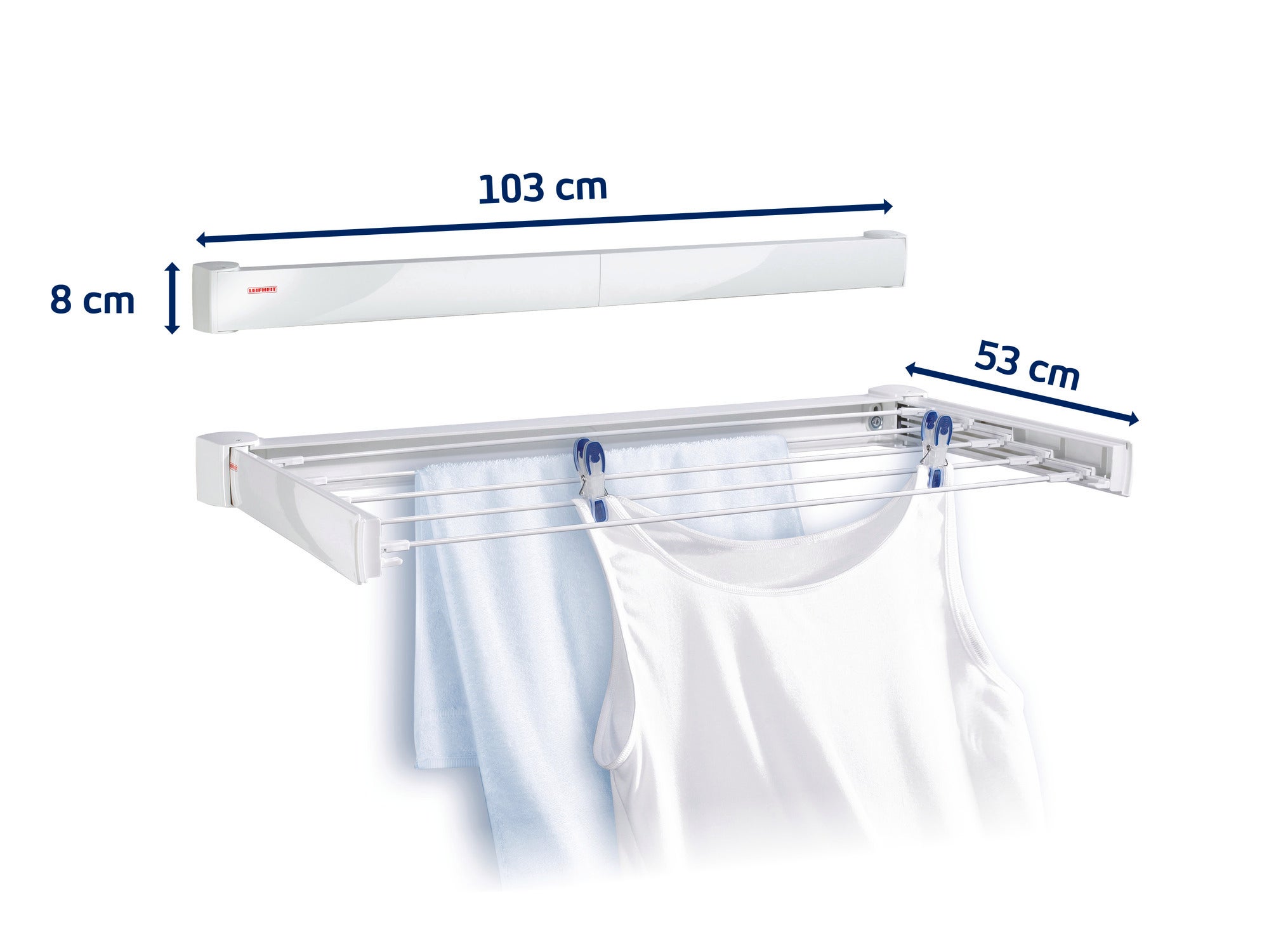 A wall-mounted dryer measuring 103 cm wide, 8 cm high and 53 cm deep. It is unfolded and shows several hanging items of clothing. Ideal for space-saving drying.