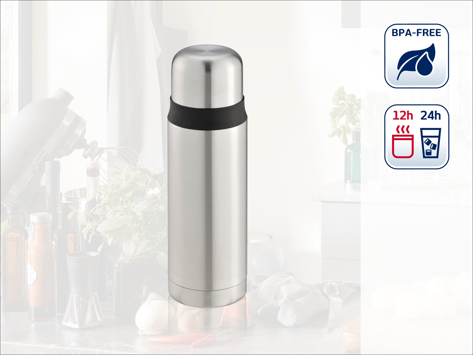 Thermoskanne aus Edelstahl mit schwarzem Band. BPA-frei, hält Getränke 12 Stunden heiß und 24 Stunden kalt. Ideal für unterwegs oder im Büro.