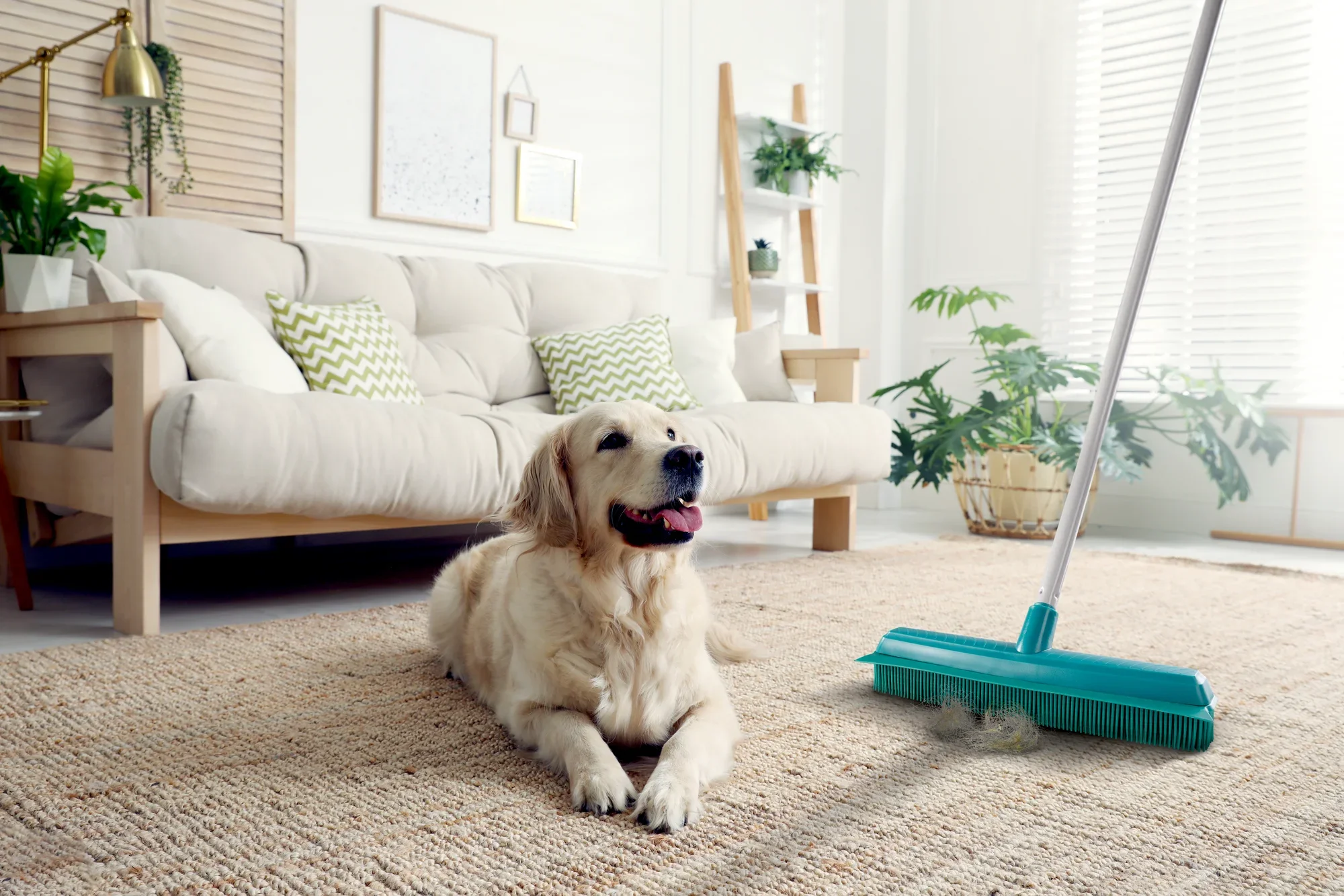 Ein gemütliches Wohnzimmer mit einem beigen Sofa und grünen Pflanzen. Ein goldener Retriever liegt entspannt auf einem Teppich. Im Vordergrund ist ein Leifheit Suprabesen zu sehen, der für eine gründliche Reinigung sorgt.