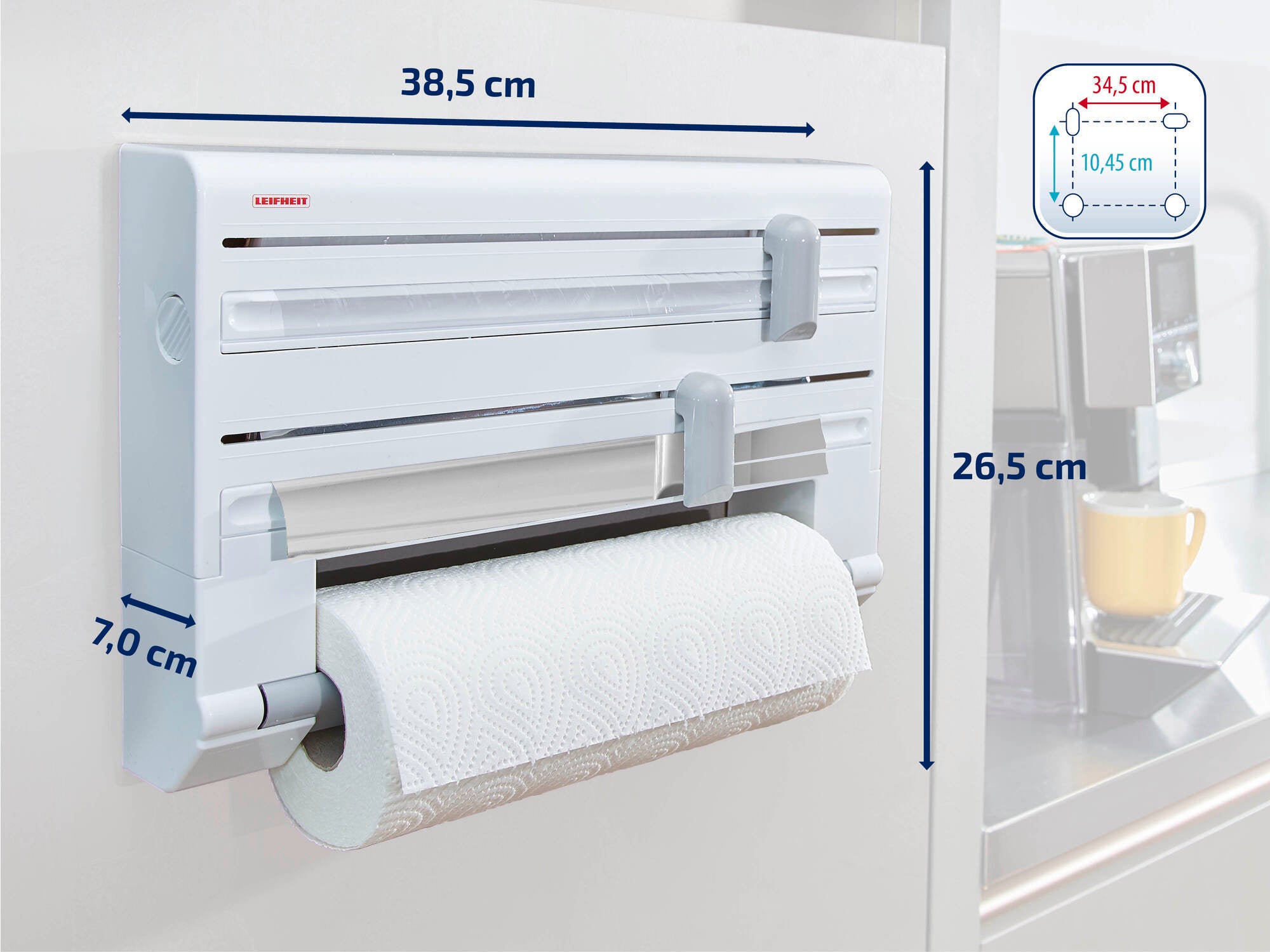 Support mural Leifheit avec trois compartiments pour film alimentaire, papier aluminium et papier essuie-tout. Dimensions : 38,5 cm de largeur, 26,5 cm de hauteur, 7 cm de profondeur. Idéal pour la cuisine.