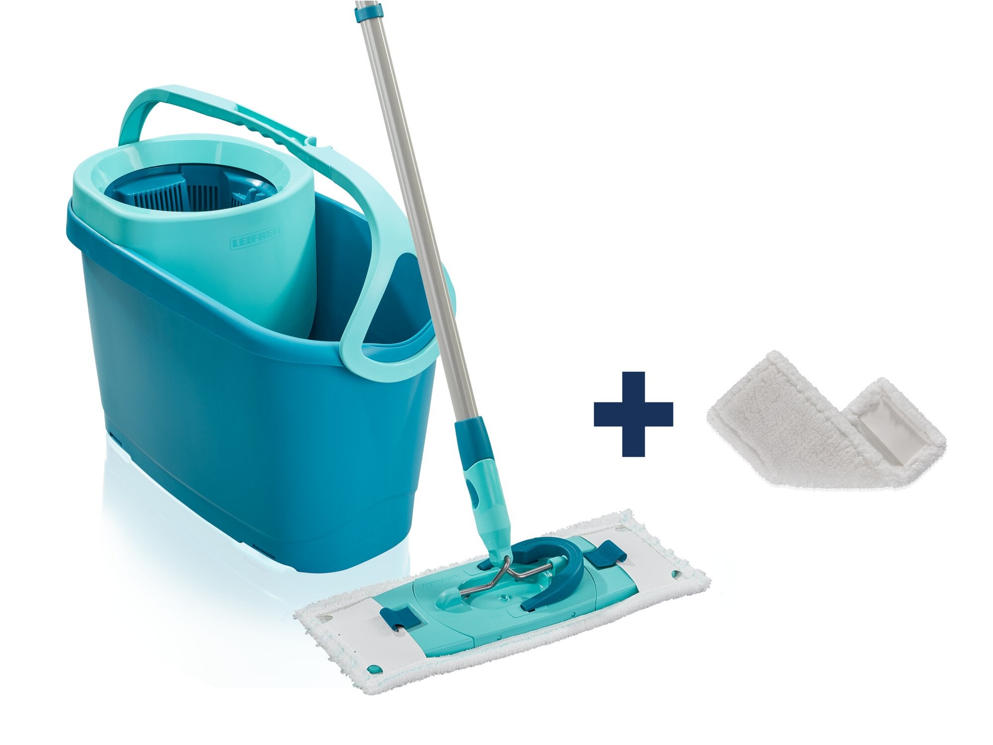 Leifheit Set CLEAN TWIST M Ergo mit türkisfarbenem Eimer, Schleudersieb und Bodenwischer auf weißem Hintergrund, ergänzt durch einen weißen Staubbezug als praktisches Zubehör.