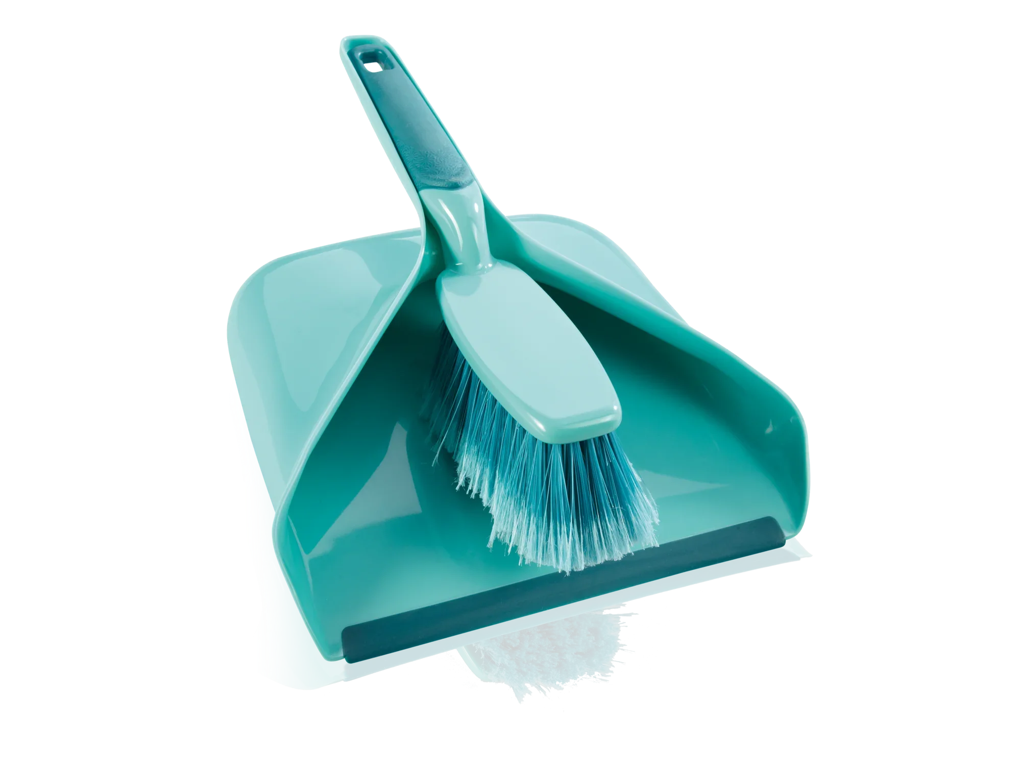 Handveegset met vuilcontainer in turkoois. De set bestaat uit een handveger met blauwe haren en een bijpassende stoffer. Ideaal voor snelle vloerreiniging.