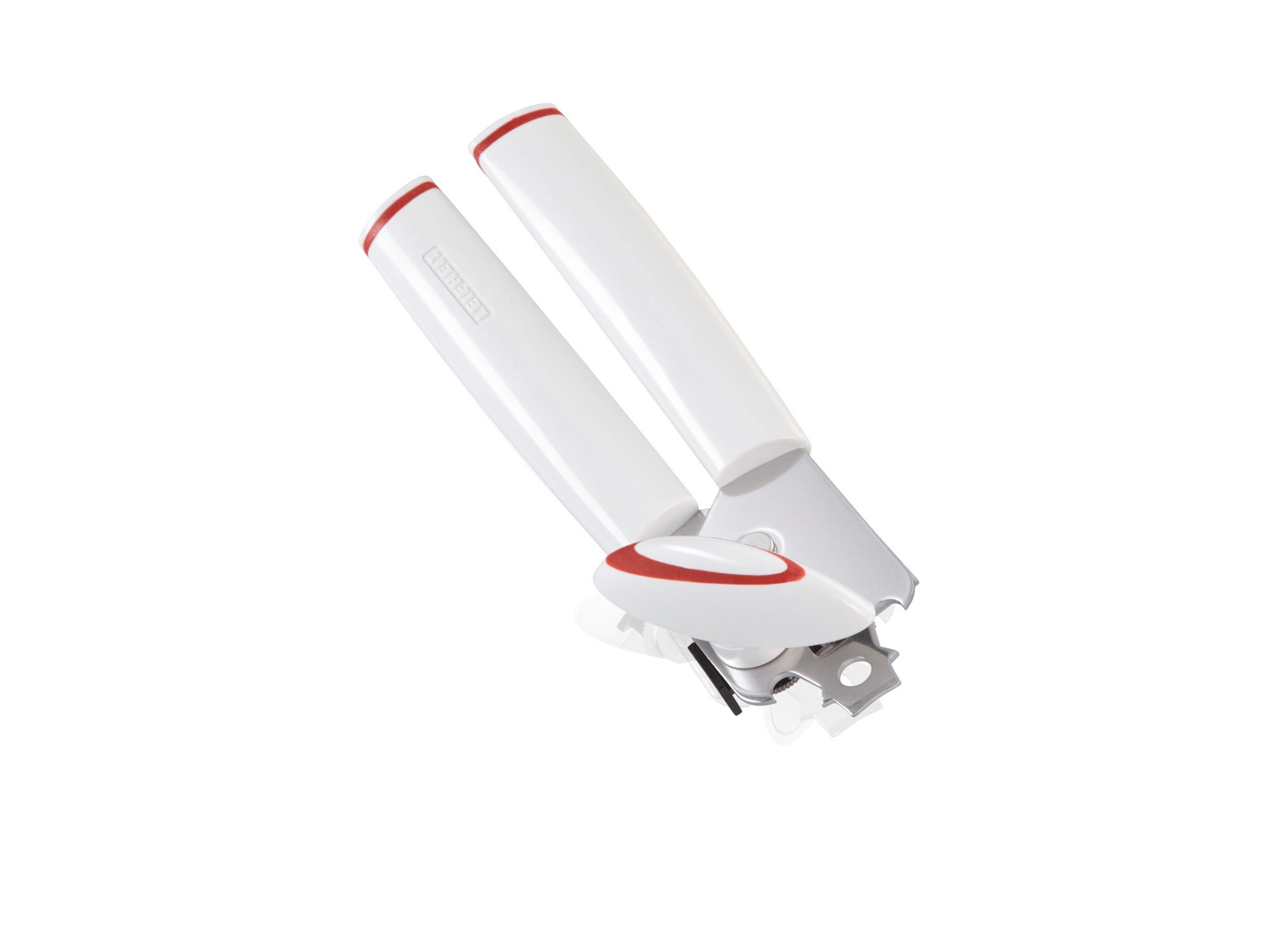 Ein weißer Dosenöffner mit roten Akzenten, Modell "Lifty", liegt auf einem weißen Hintergrund. Der ergonomische Griff und die scharfe Klinge erleichtern das Öffnen von Dosen. Ideal für die Küche.