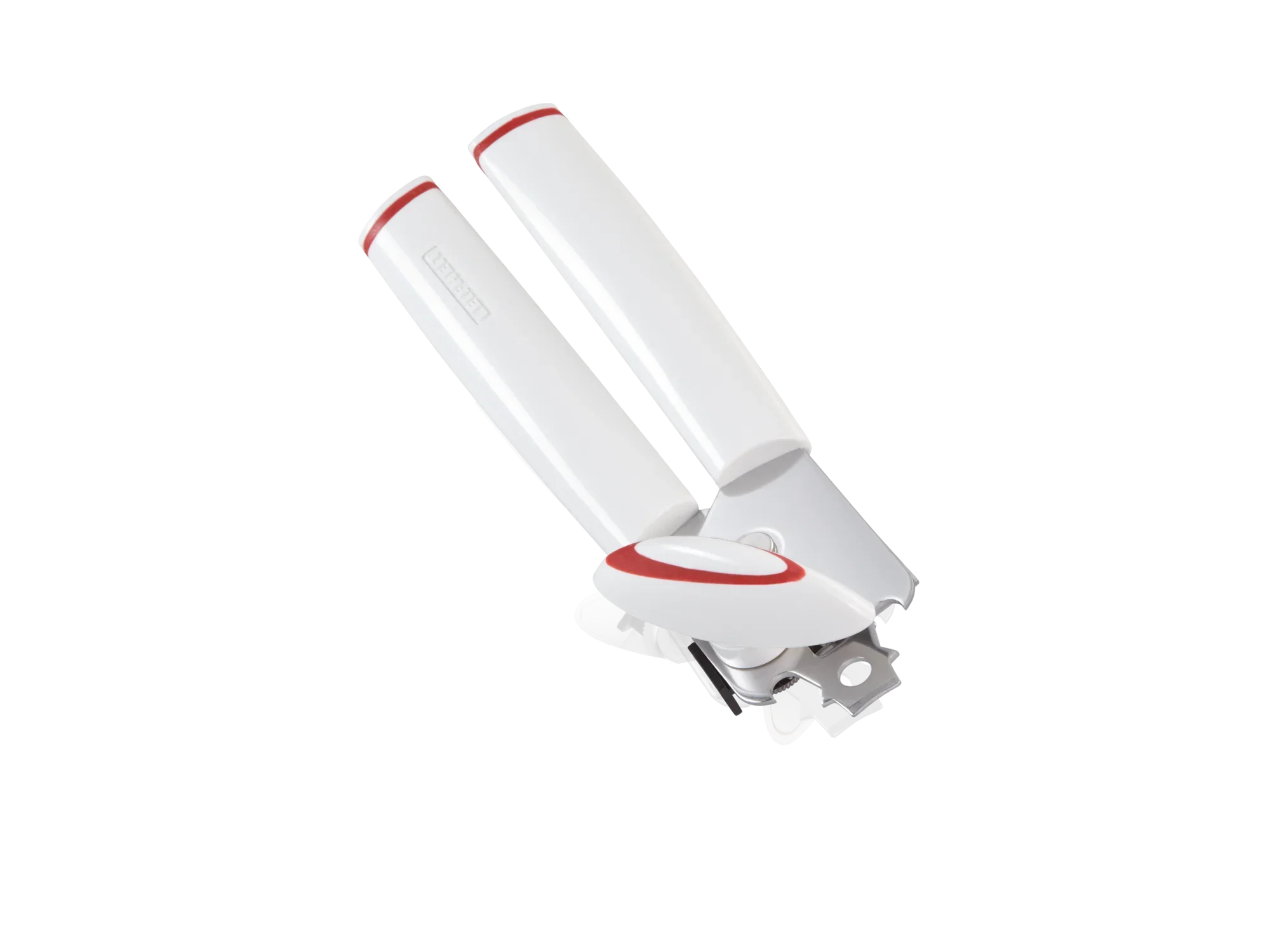 Een witte blikopener met rode accenten, model "Lifty", ligt op een witte achtergrond. Het ergonomische handvat en het scherpe lemmet maken het gemakkelijk om blikjes te openen. Ideaal voor in de keuken.