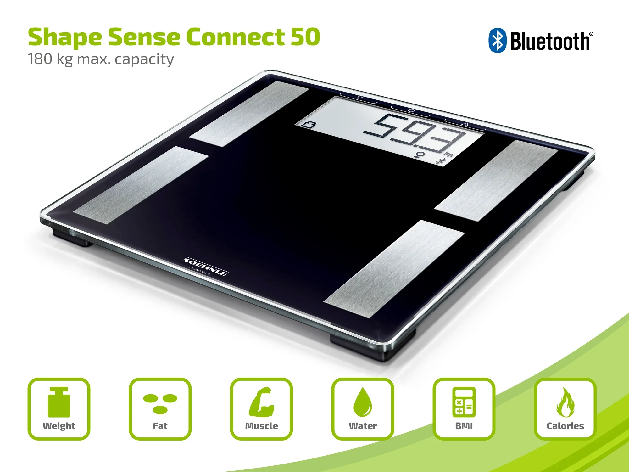 Waga Shape Sense Connect 50 z funkcją Bluetooth. Maksymalny udźwig 180 kg. Wyświetla wagę, tłuszcz, masę mięśniową, procent wody, BMI i zużycie kalorii.