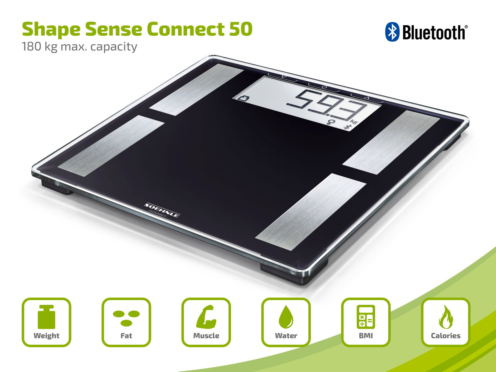 Waage Shape Sense Connect 50 mit Bluetooth-Funktion. Maximale Kapazität von 180 kg. Zeigt Gewicht, Fett, Muskelmasse, Wasseranteil, BMI und Kalorienverbrauch an.