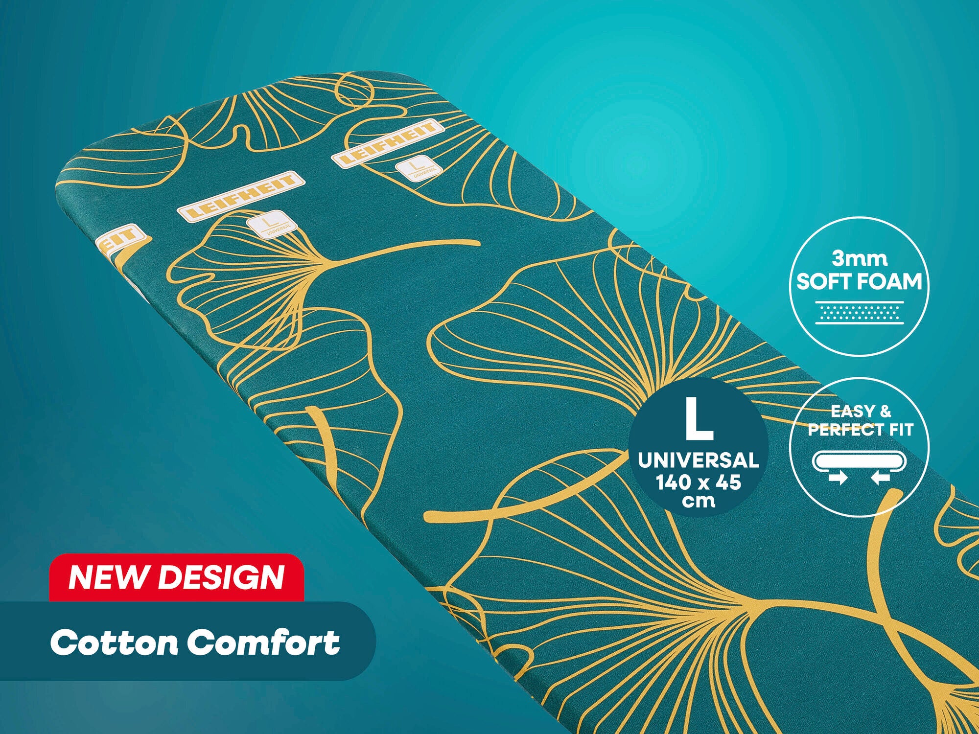 Bügeltischbezug von Leifheit im neuen Design "Cotton Comfort". Der Bezug ist universell passend für Bügeltische der Größe L, 140 x 45 cm, mit 3 mm weichem Schaumstoff für einfaches und perfektes Aufziehen.