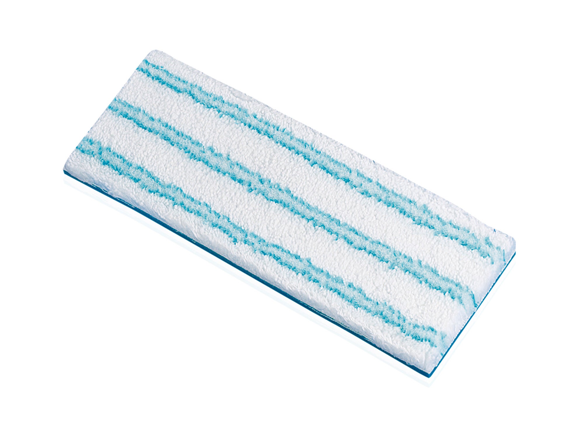 Ein rechteckiges Wischpad mit weißen und blauen Streifen, geeignet für den Picobello M Wischer. Ideal für die gründliche Reinigung von Böden in Haushalten.