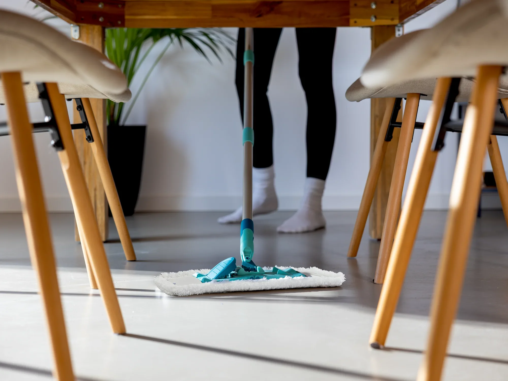 Se utiliza un plumero modelo SUPERDUSTER debajo de una mesa. Una persona limpia el suelo con el plumero, mientras que al fondo se ven plantas.