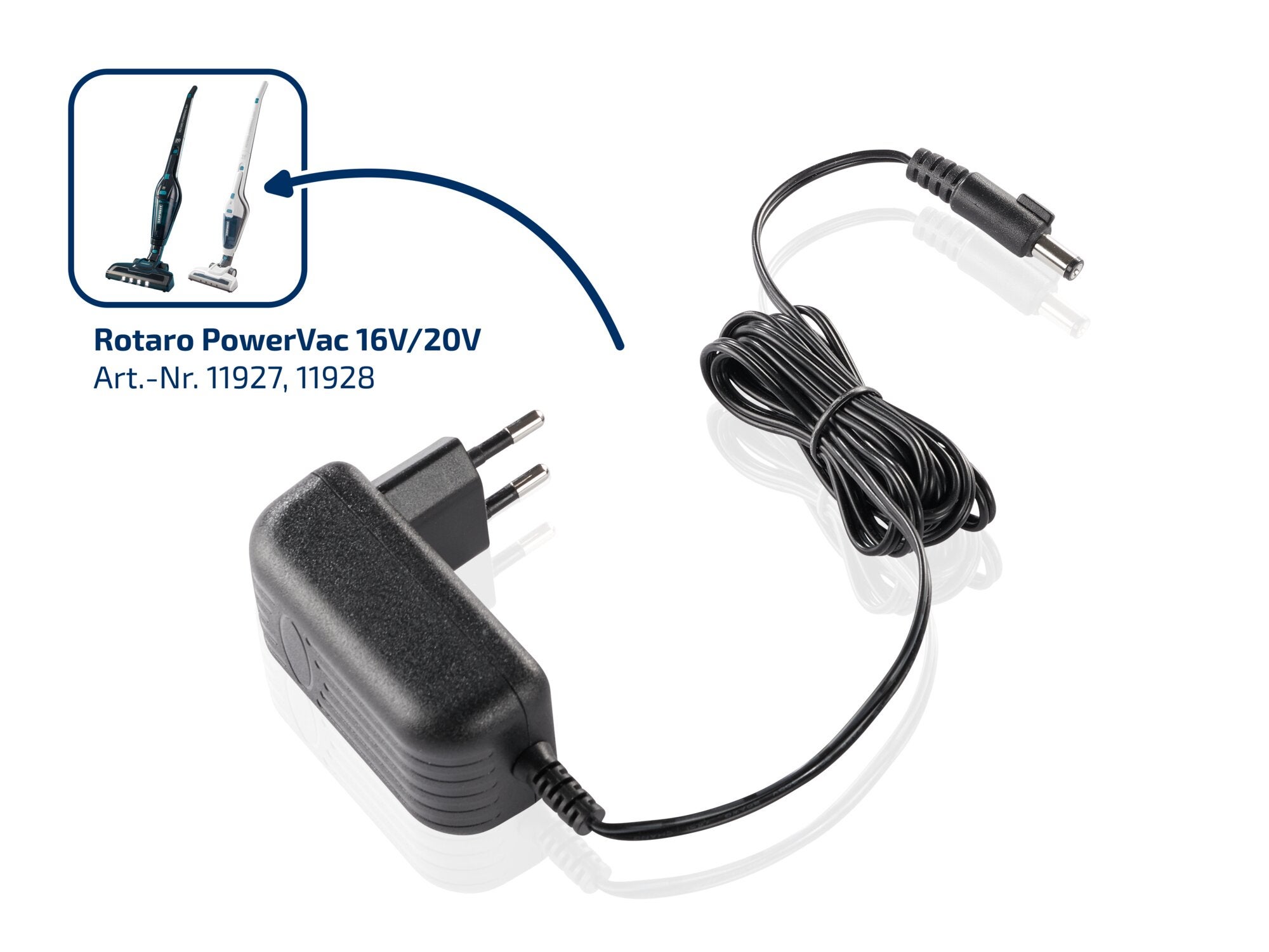 Ładowarka Leifheit do Rotaro PowerVac 2w1 16V/20V z wtyczką euro i kablem na białym tle, odpowiednia do bezprzewodowych odkurzaczy pionowych i ręcznych z tej serii.