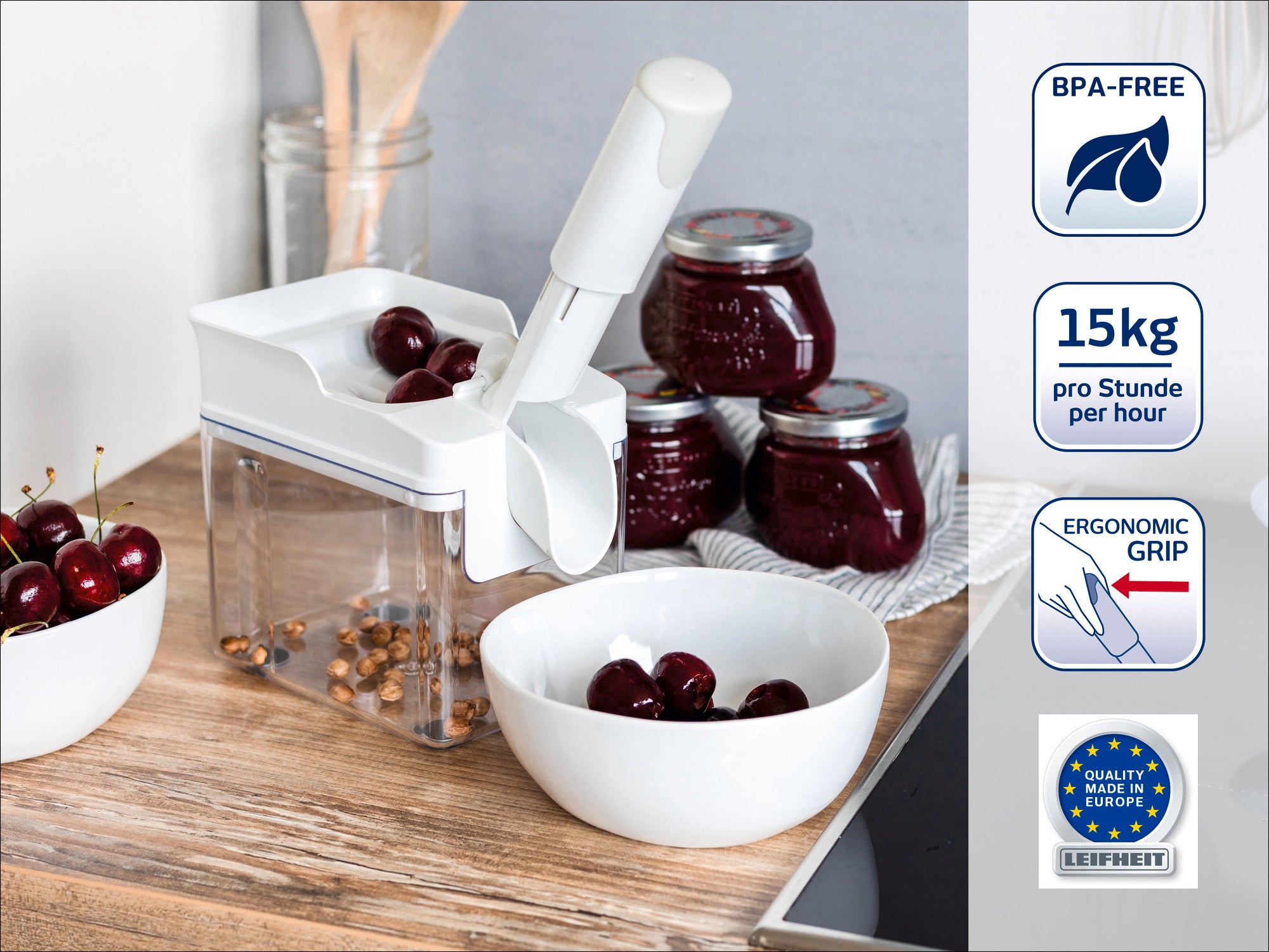 Kirschentkerner mit ergonomischem Griff und BPA-freiem Material. Entfernt Kerne effizient, bis zu 15 kg pro Stunde. Perfekt für Marmeladenherstellung und Desserts.