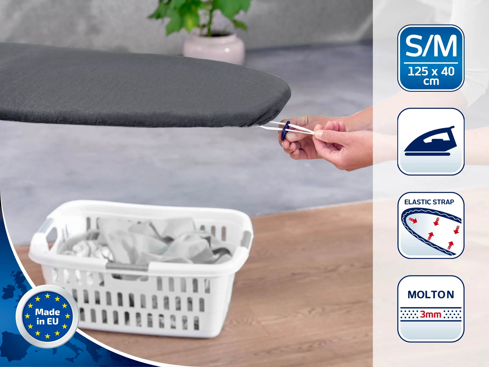 Pokrowiec na deskę do prasowania w kolorze szarym, odpowiedni do desek do prasowania w rozmiarze S/M (125 x 40 cm). Wyposażony w elastyczną taśmę zapewniającą bezpieczne dopasowanie. Wyprodukowano w UE.