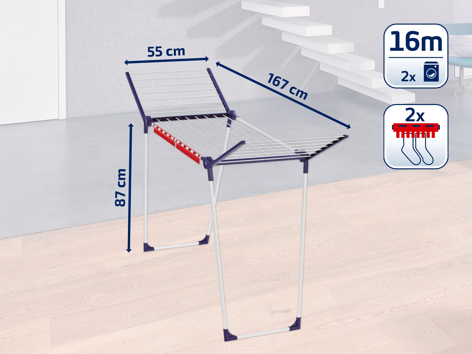 Ein Standtrockner mit einer Höhe von 87 cm, einer Breite von 55 cm und einer Länge von 167 cm. Er bietet 16 Meter Trockenlänge und hat zwei Halterungen für Kleinteile. Ideal für den Innenbereich.
