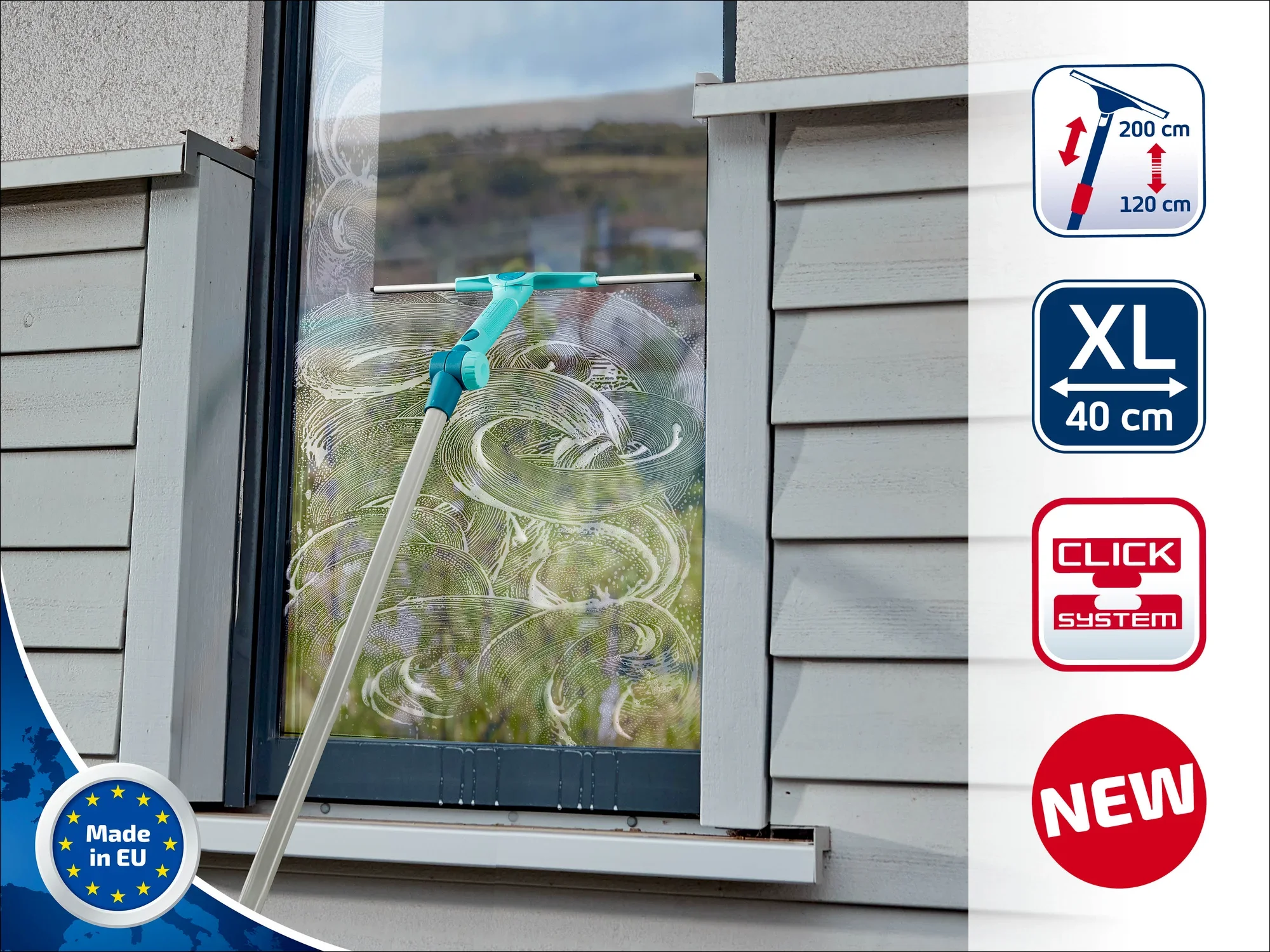 Myjka do okien z drążkiem teleskopowym czyści duże okno. Drążek można regulować w zakresie od 120 do 200 cm. Cechy produktu: XL 40 cm, system zatrzaskowy, Made in EU.