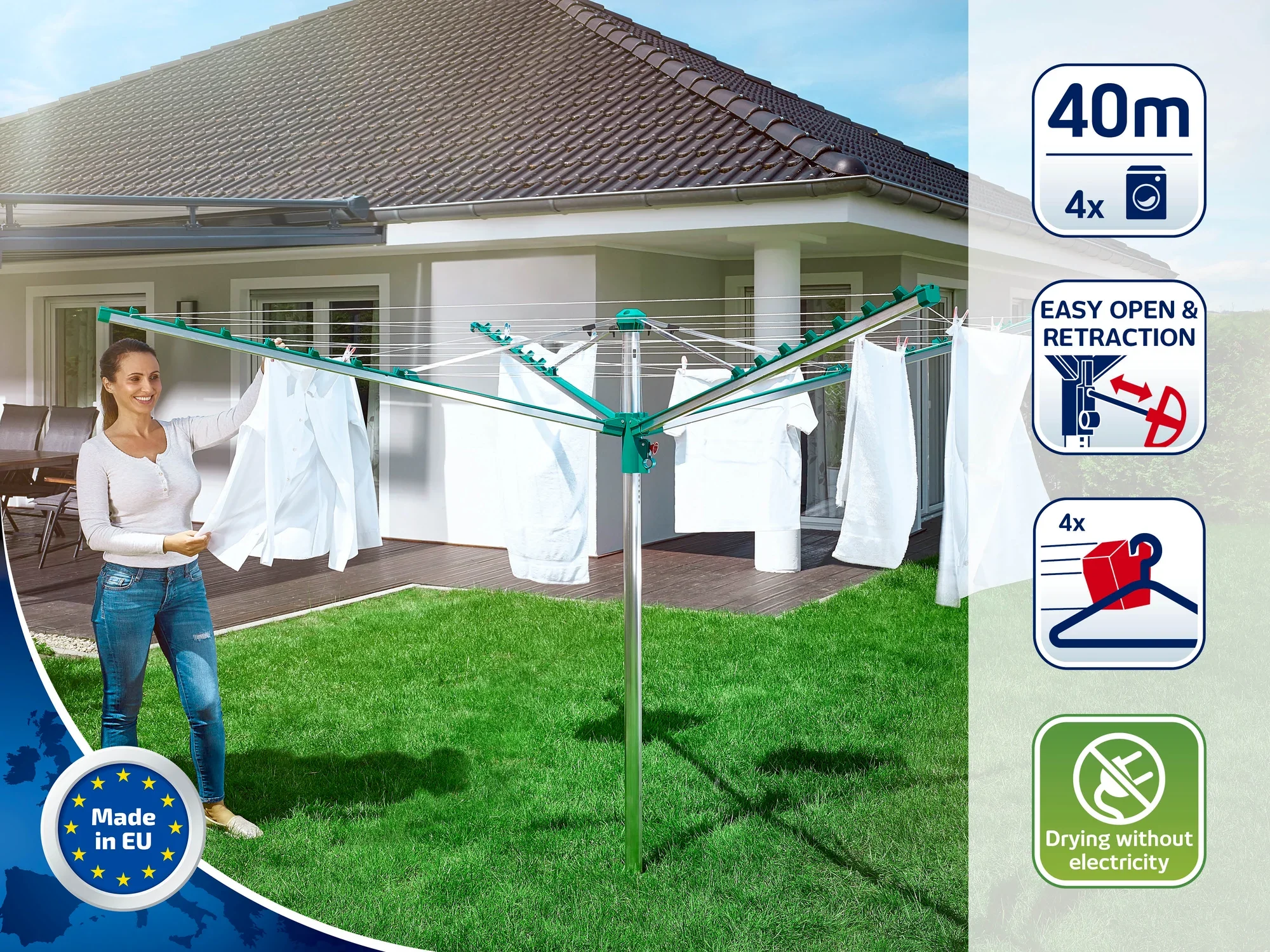 Une femme se tient dans le jardin à côté d'un séchoir à linge sur lequel est suspendu du linge blanc. Le séchoir à linge a une capacité de 40 mètres et est facile à ouvrir et à fermer. Il fonctionne sans électricité et est fabriqué dans l'UE.