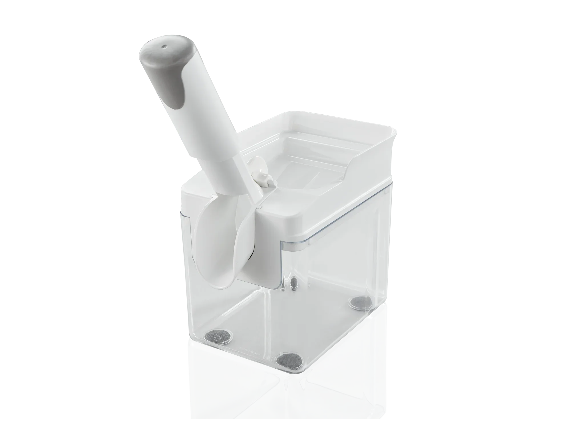 Een witte kersenboor met ergonomisch handvat en transparante opvangbak. Ideaal om snel en gemakkelijk kersen te ontpitten in de keuken.