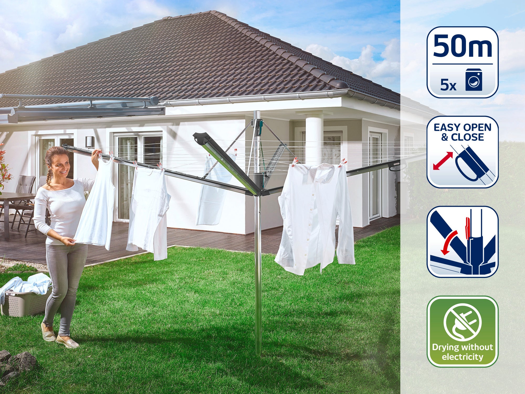 A woman hangs white laundry on a rotary clothes dryer in the garden. A modern detached house can be seen in the background. Symbols show features such as easy handling and environmentally friendly drying without electricity.