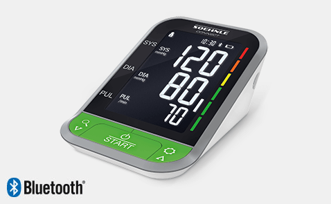Digitales Blutdruckmessgeraet mit Display zeigt Werte 120/80, Puls 70; gruene Starttaste und Bluetooth-Symbol links unten.