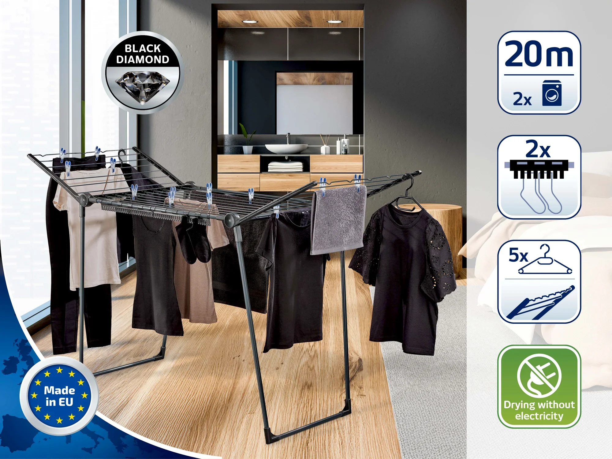 Standtrockner von Leifheit in einem modernen Raum. Der Trockner bietet 20 Meter Trockenlänge, Platz für Kleiderbügel und ist ideal für energieeffizientes Trocknen ohne Strom.