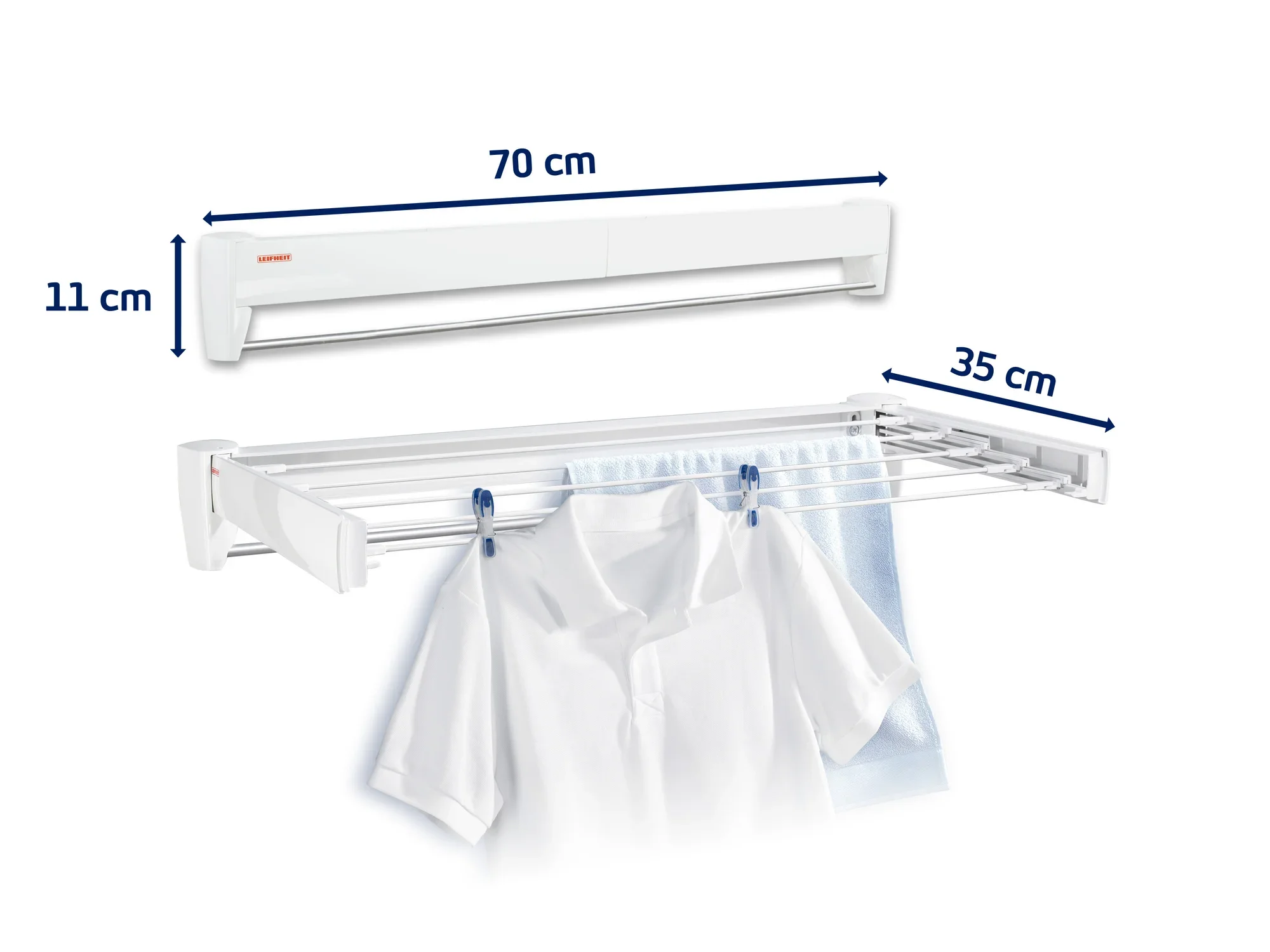 Een wanddroger met een breedte van 70 cm, een diepte van 35 cm en een hoogte van 11 cm. Ideaal voor het drogen van kleding, ruimtebesparend en eenvoudig te installeren.