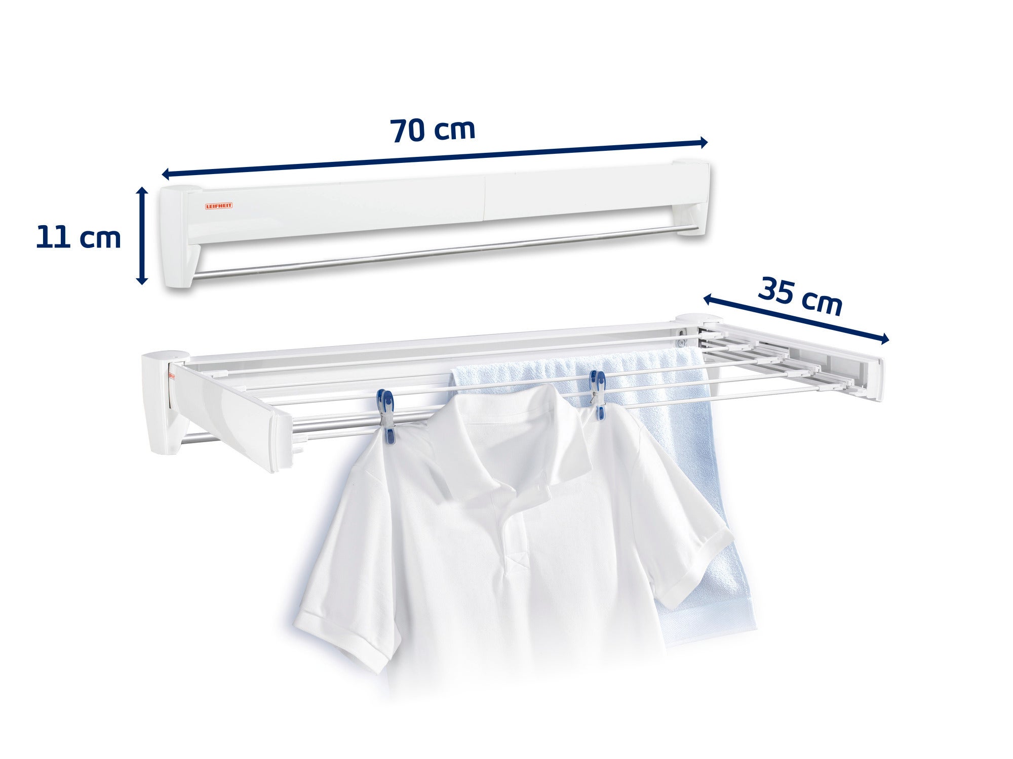 A wall-mounted dryer with a width of 70 cm, a depth of 35 cm and a height of 11 cm. Ideal for drying clothes, space-saving and easy to install.
