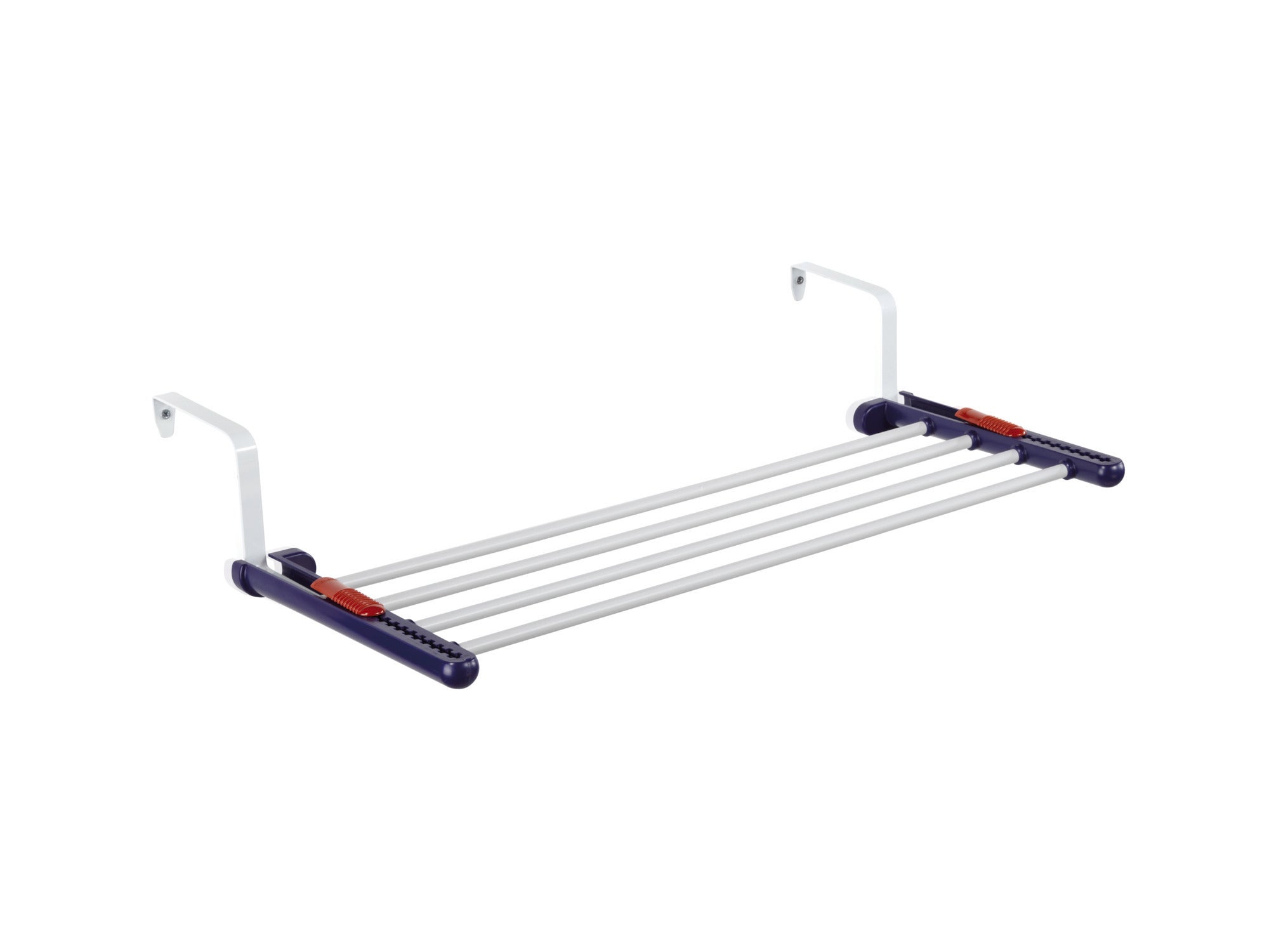 Ein Universaltrockner mit vier Stangen, ideal zum Trocknen von Kleidung. Das kompakte Design ermöglicht eine einfache Befestigung an Balkongeländern oder Heizkörpern.