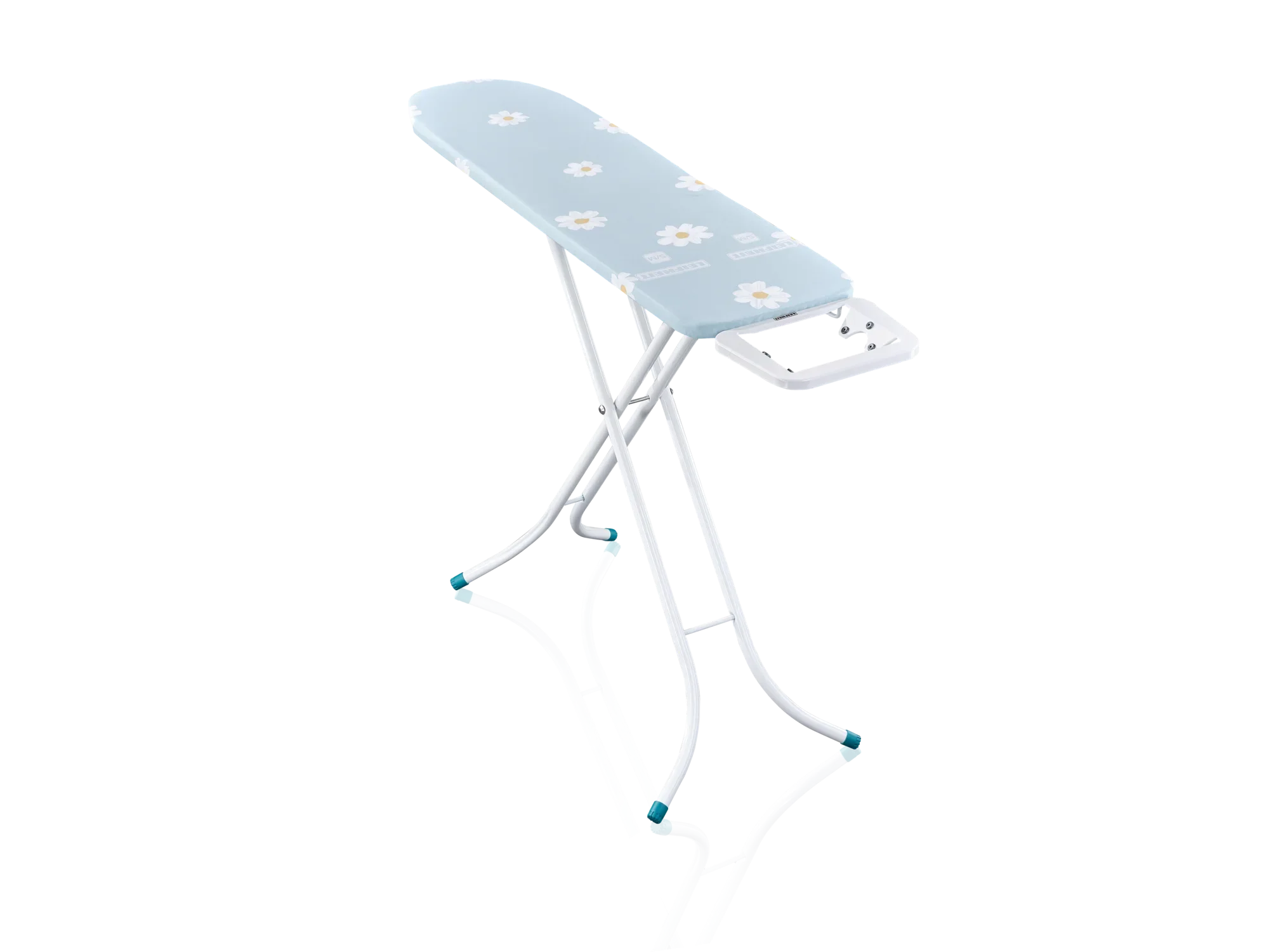 Bügelbrett Leifheit Classic S Basic mit blauer Oberfläche und Blumenmuster. Es steht auf stabilen, weißen Beinen mit rutschfesten Füßen und hat eine integrierte Ablage.