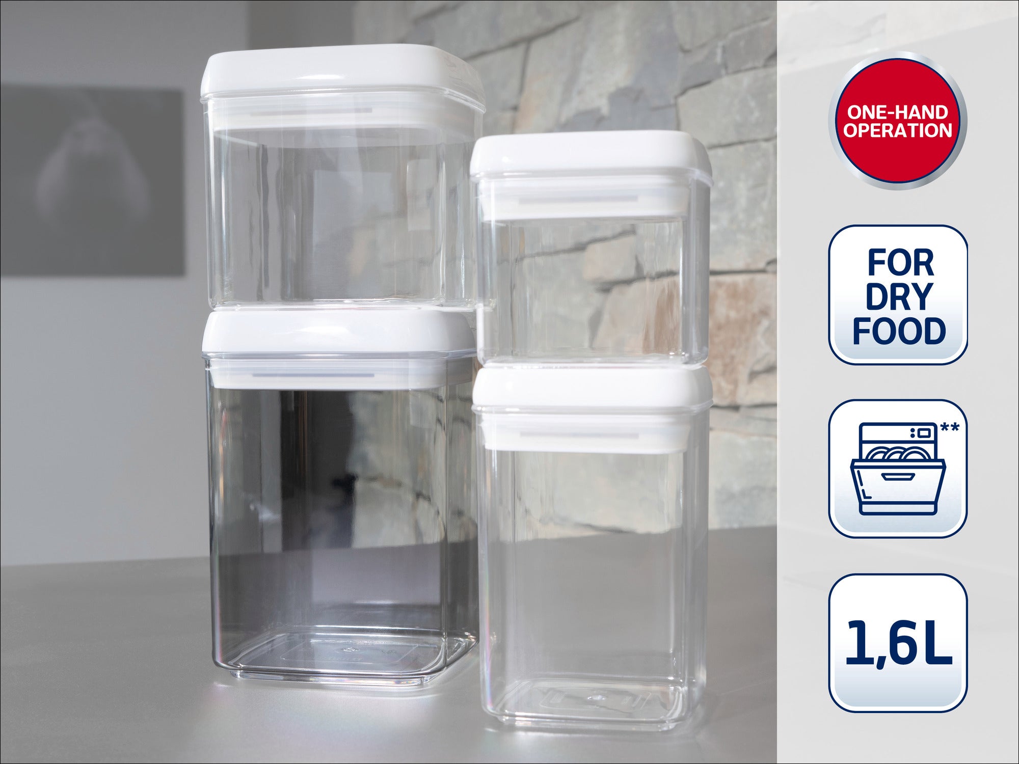 Trois récipients de conservation transparents avec couvercles blancs, idéaux pour les aliments secs. Utilisation facile d'une seule main, lavables au lave-vaisselle, capacité 1,6 litre.