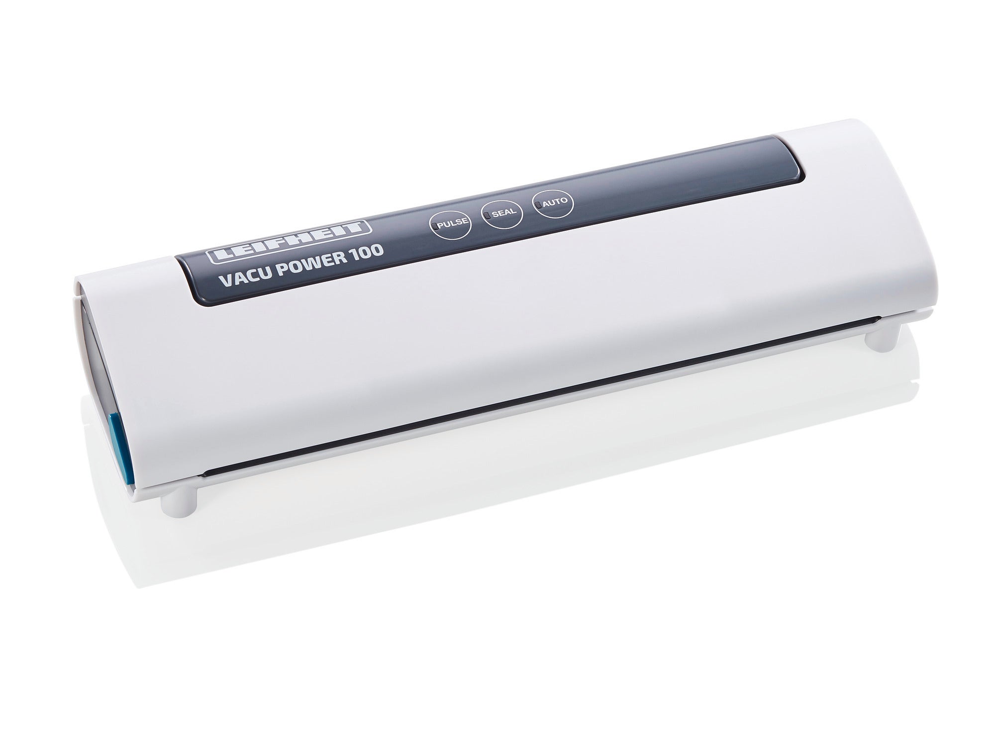 Vakuumiergerät Vacu Power 100 in Weiß mit schwarzem Bedienfeld und Tasten für verschiedene Funktionen. Ideal zum luftdichten Versiegeln von Lebensmitteln.