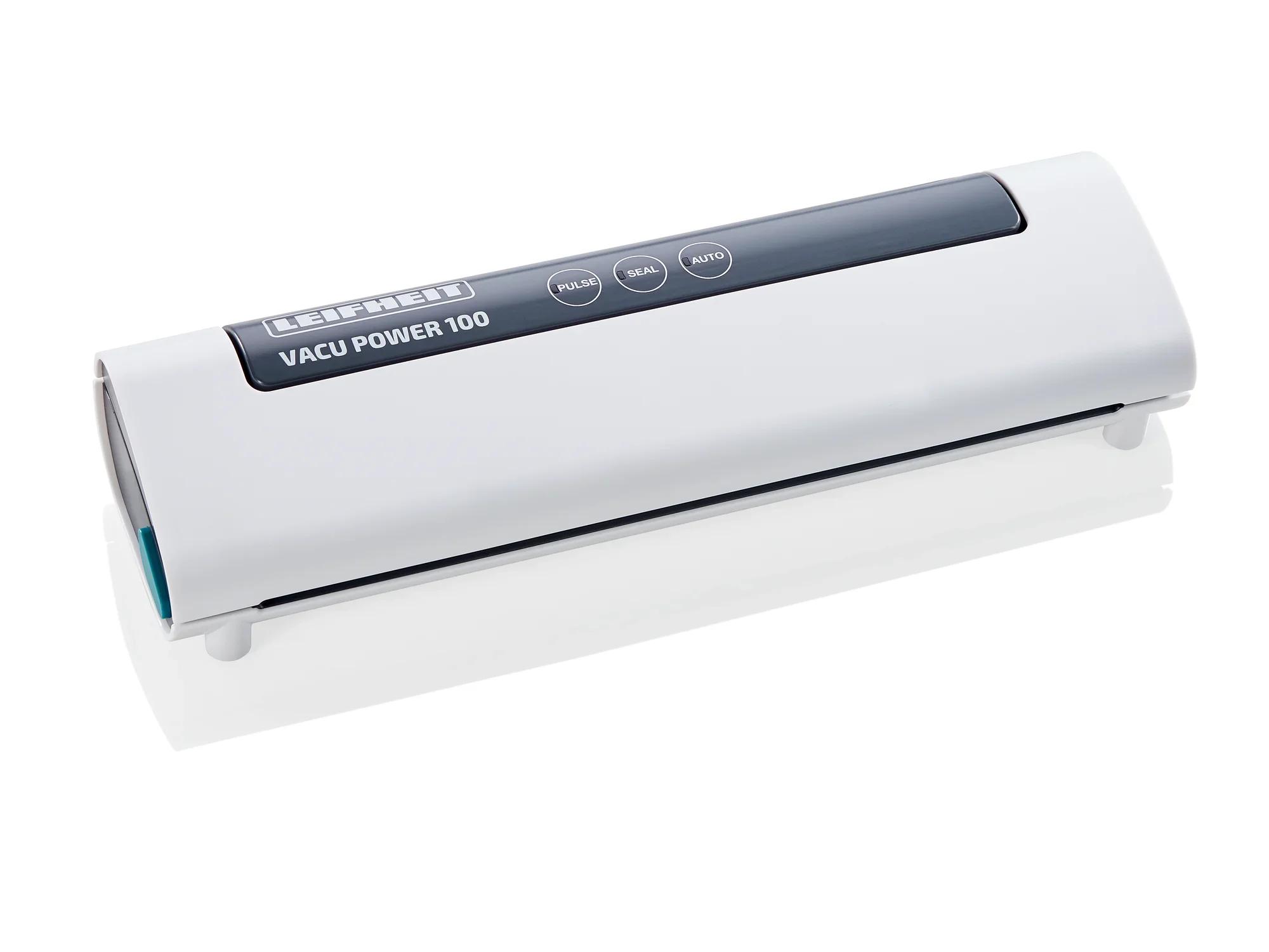 Vakuumiergerät Vacu Power 100 in Weiß mit schwarzem Bedienfeld und Tasten für verschiedene Funktionen. Ideal zum luftdichten Versiegeln von Lebensmitteln.