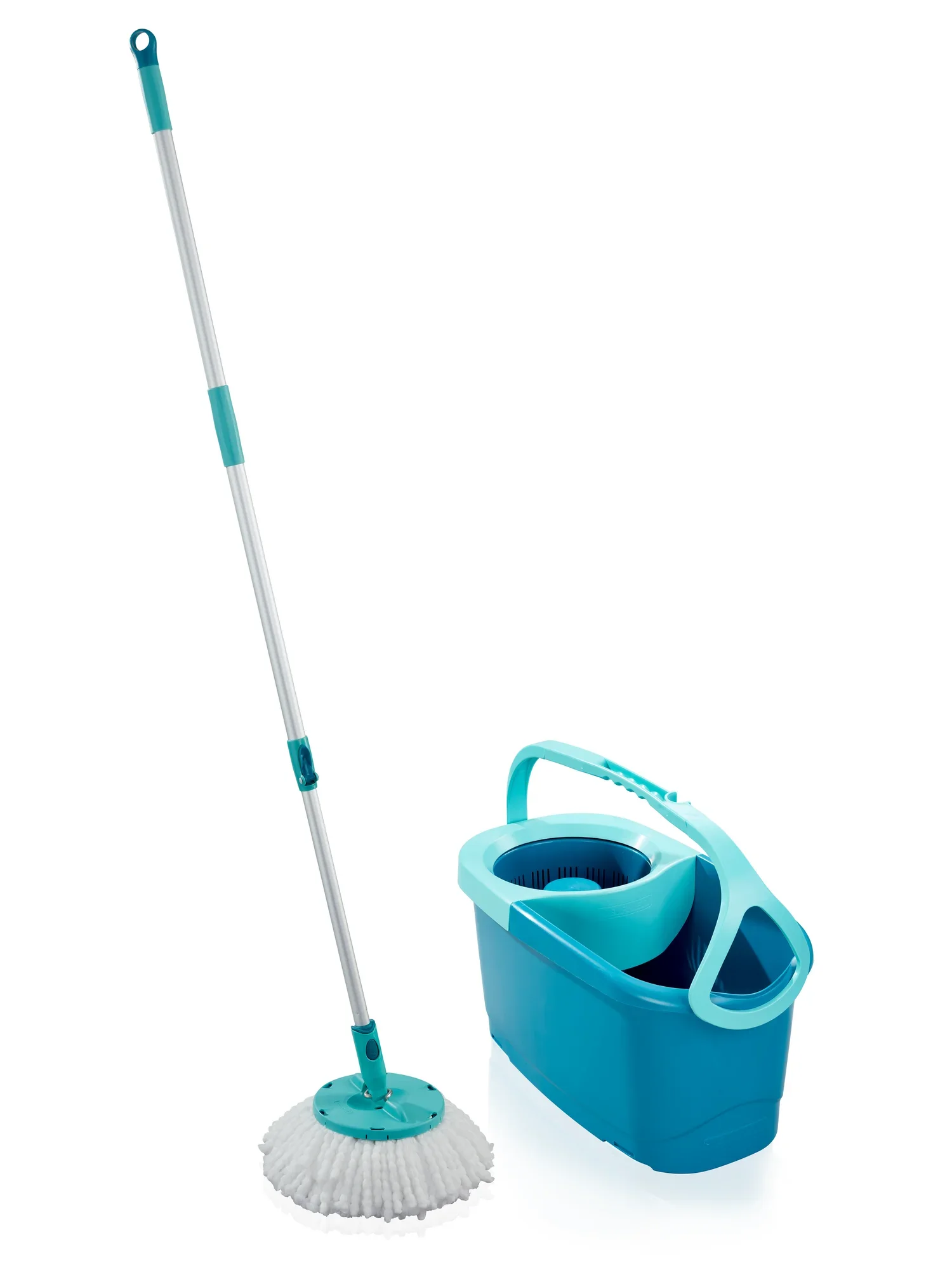 Une serpillière à disque rotatif bleu et blanc au design ergonomique. Comprend un long manche et un seau avec mécanisme d'essorage, idéal pour un nettoyage efficace des sols.