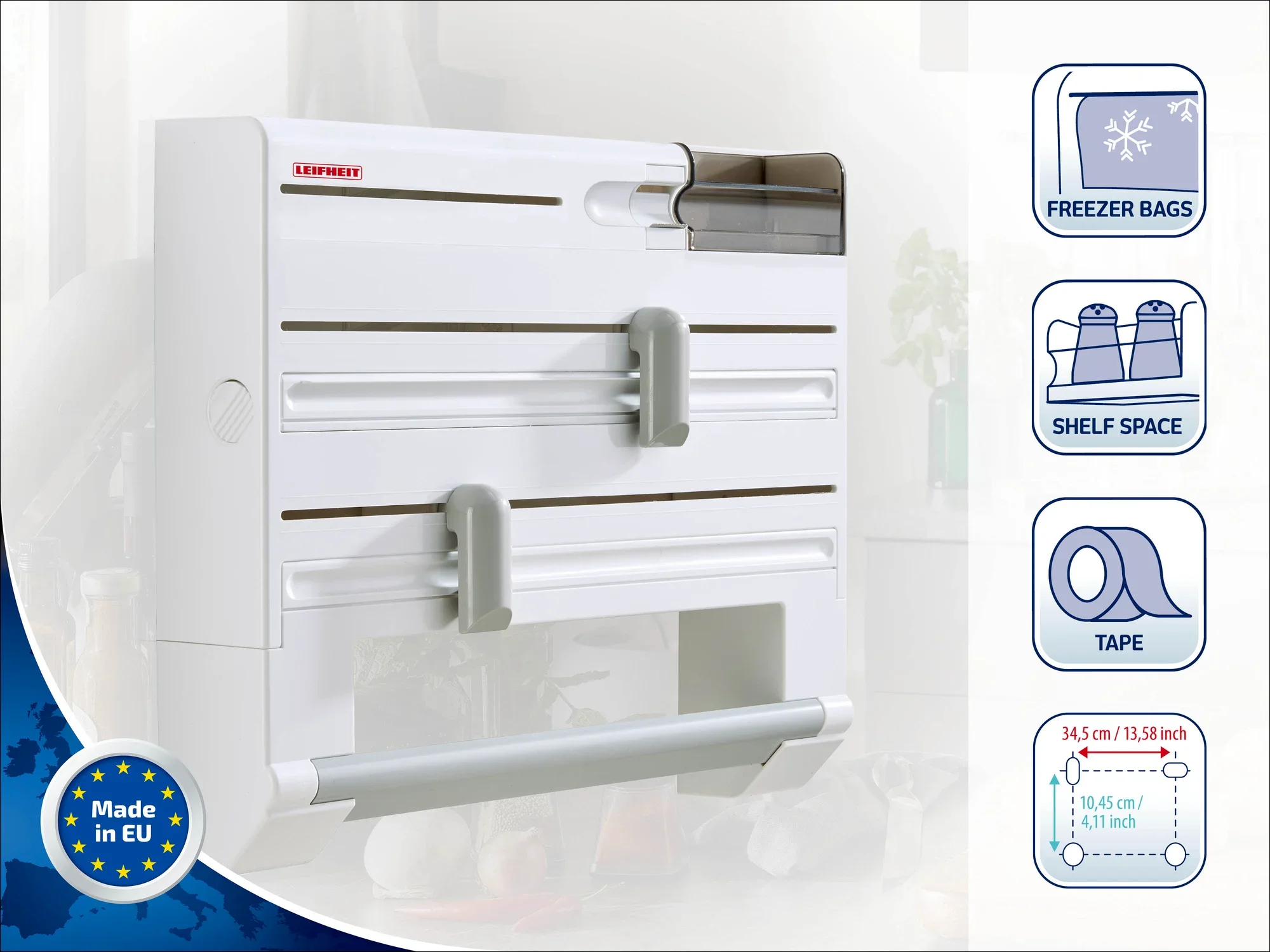 Uchwyt ścienny na rolki Leifheit z trzema funkcjami. Wyprodukowany w UE, oferuje praktyczne rozwiązania do przechowywania w kuchni.