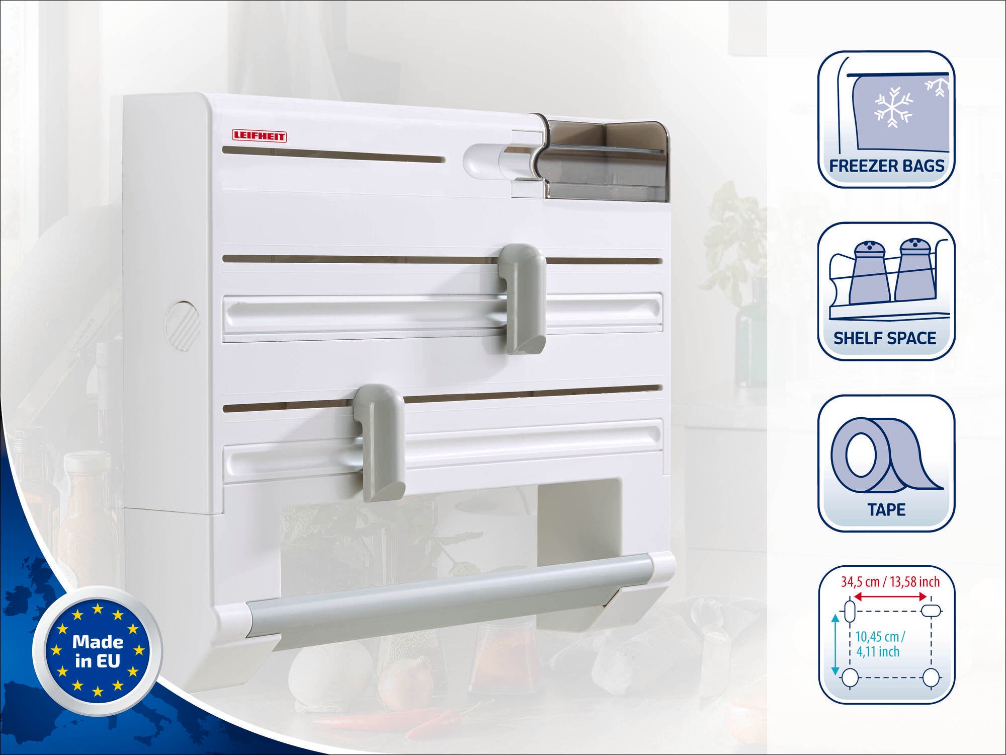 Porte-rouleau mural Leifheit avec trois fonctions. Fabriqué dans l'UE, il offre des solutions de rangement pratiques pour la cuisine.