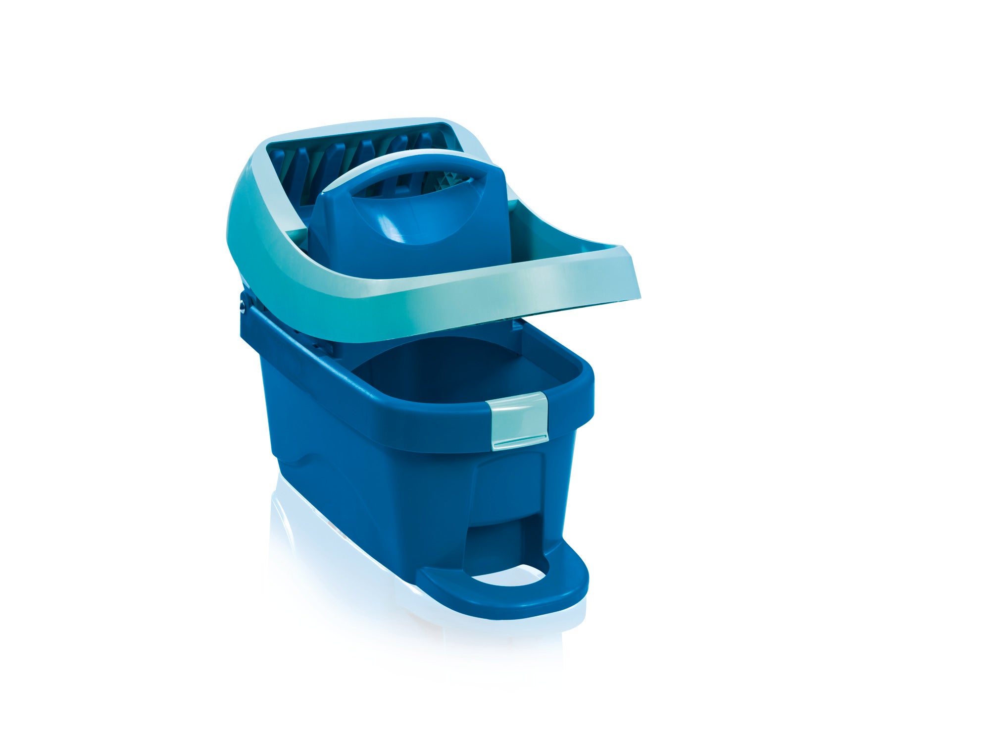 Wischtuchpresse Profi Evo mit Rollen in türkis und grün. Das robuste Design erleichtert das Auswringen von Wischtüchern und sorgt für eine effiziente Reinigung. Ideal für den professionellen Einsatz.