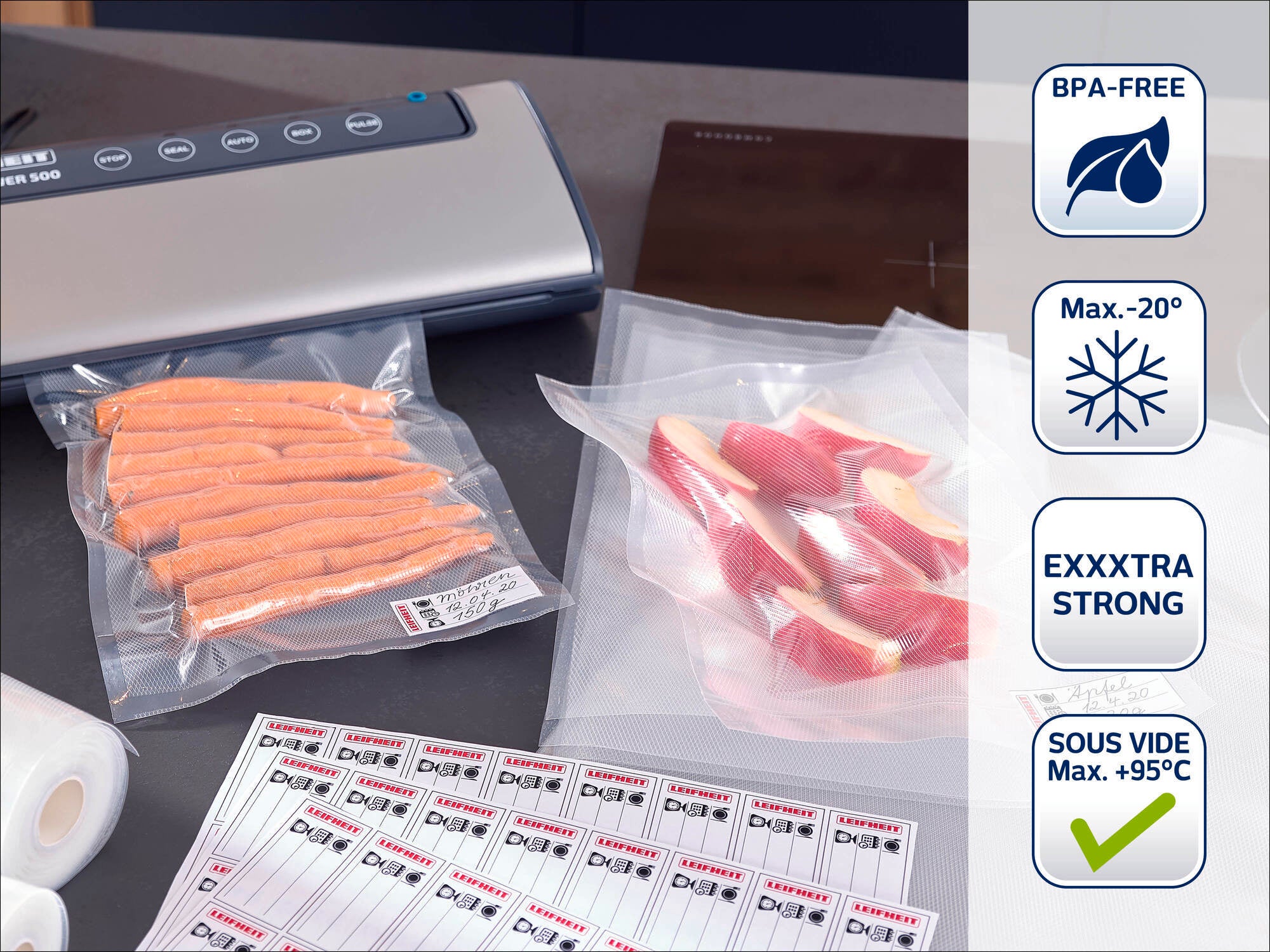 Macchina sottovuoto con sacchetti senza BPA, adatti a temperature da -20 °C a +95 °C. Ideali per la cottura sous-vide. I sacchetti sono extra resistenti e durevoli.