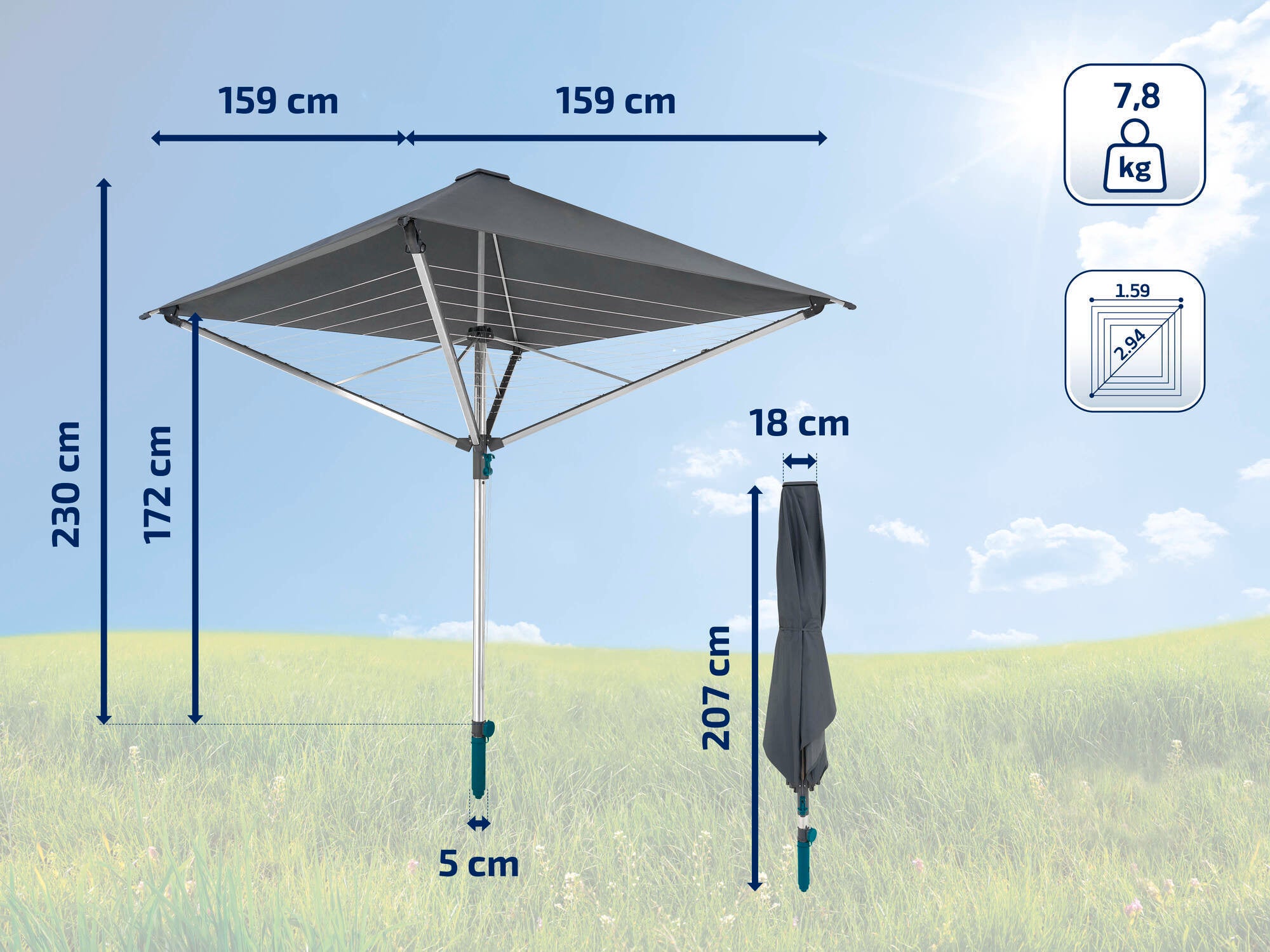 Suszarka obrotowa o kwadratowym kształcie, szerokości 159 cm i wysokości 230 cm. Po złożeniu ma 18 cm szerokości i 207 cm wysokości. Waga: 7,8 kg. Idealna do ogrodu.