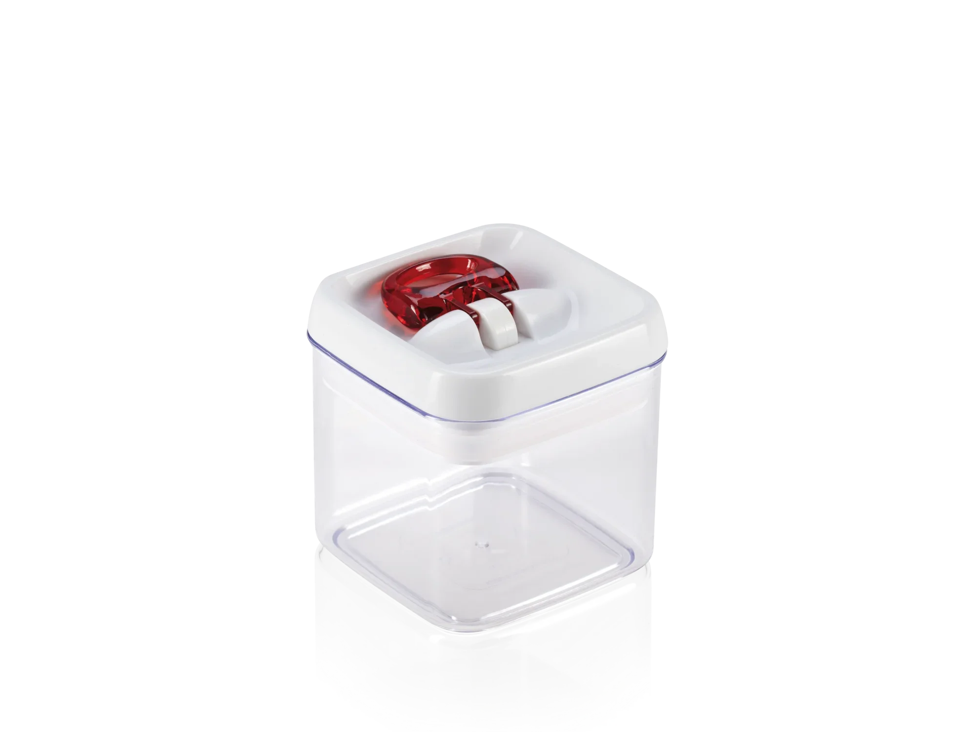 Een transparante, rechthoekige voorraadbeker met een inhoud van 400 ml. De container heeft een wit deksel met een rood vergrendelingsmechanisme, ideaal voor het bewaren van voedsel.