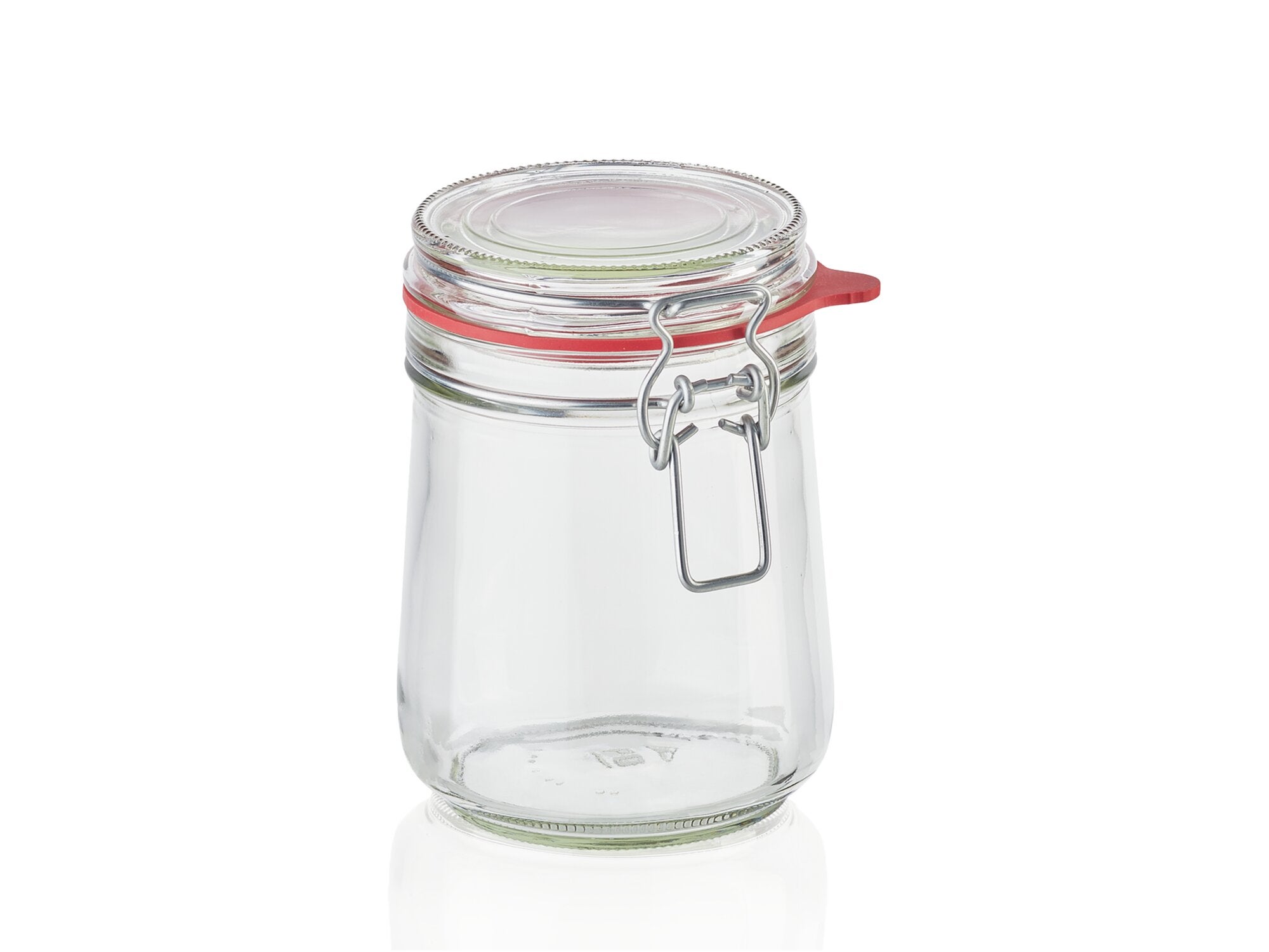 Leifheit Drahtbügelglas aus klarem Glas mit leicht konischer Form, transparentem Deckel, roter Dichtung und Metallbügelverschluss, freigestellt vor hellem Hintergrund als praktisches Vorratsglas.