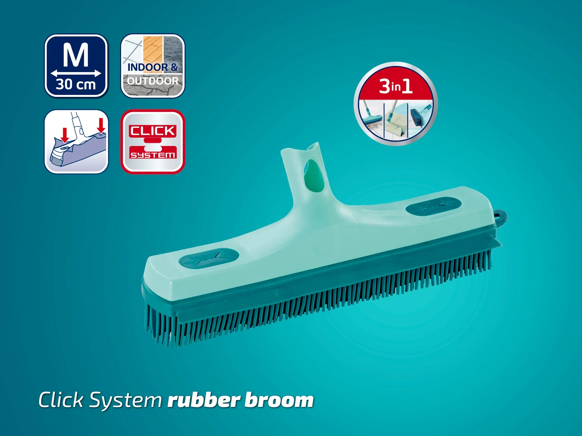 Leifheit Gummibesen mit Click-System, 30 cm breit, ideal für Innen- und Außenbereiche. Der Besen bietet eine 3-in-1-Funktion und ist vielseitig einsetzbar.