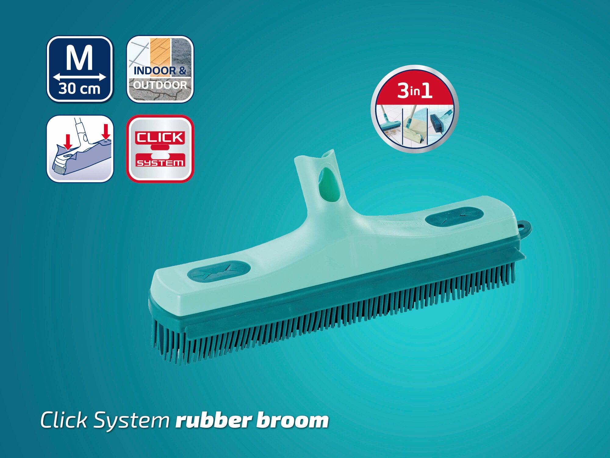 Leifheit Gummibesen mit Click-System, 30 cm breit, ideal für Innen- und Außenbereiche. Der Besen bietet eine 3-in-1-Funktion und ist vielseitig einsetzbar.
