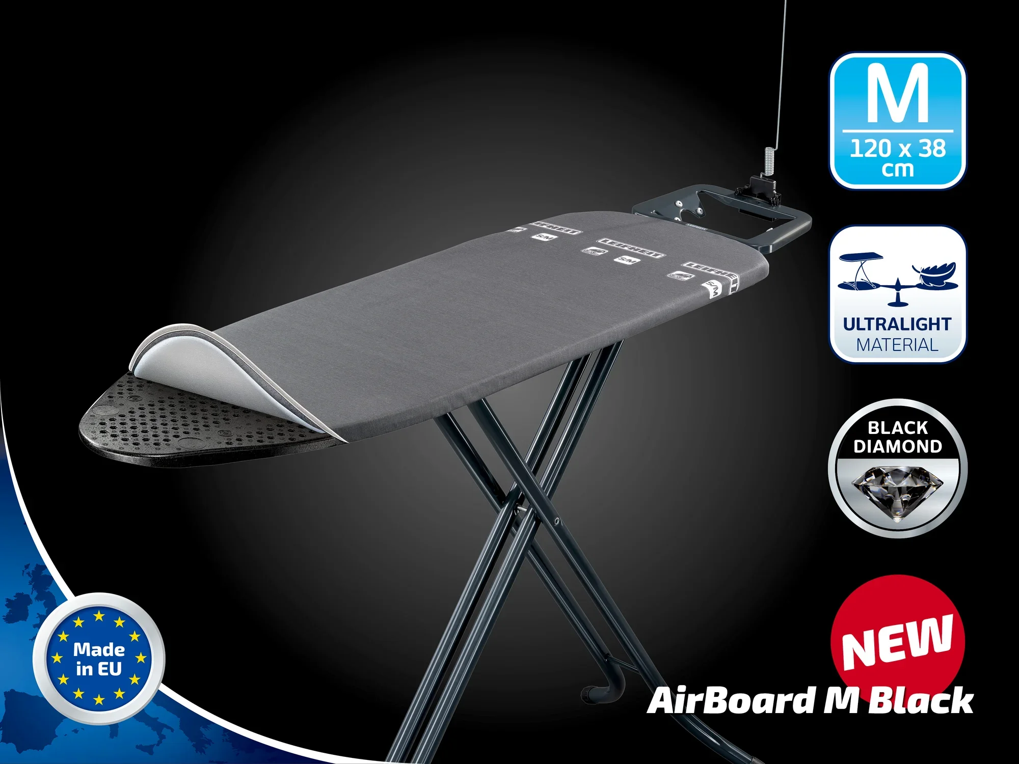Bügeltisch AirBoard M Black von Leifheit mit einer Bügelfläche von 120 x 38 cm. Aus ultraleichtem Material gefertigt, bietet er Stabilität und Komfort. Made in EU.