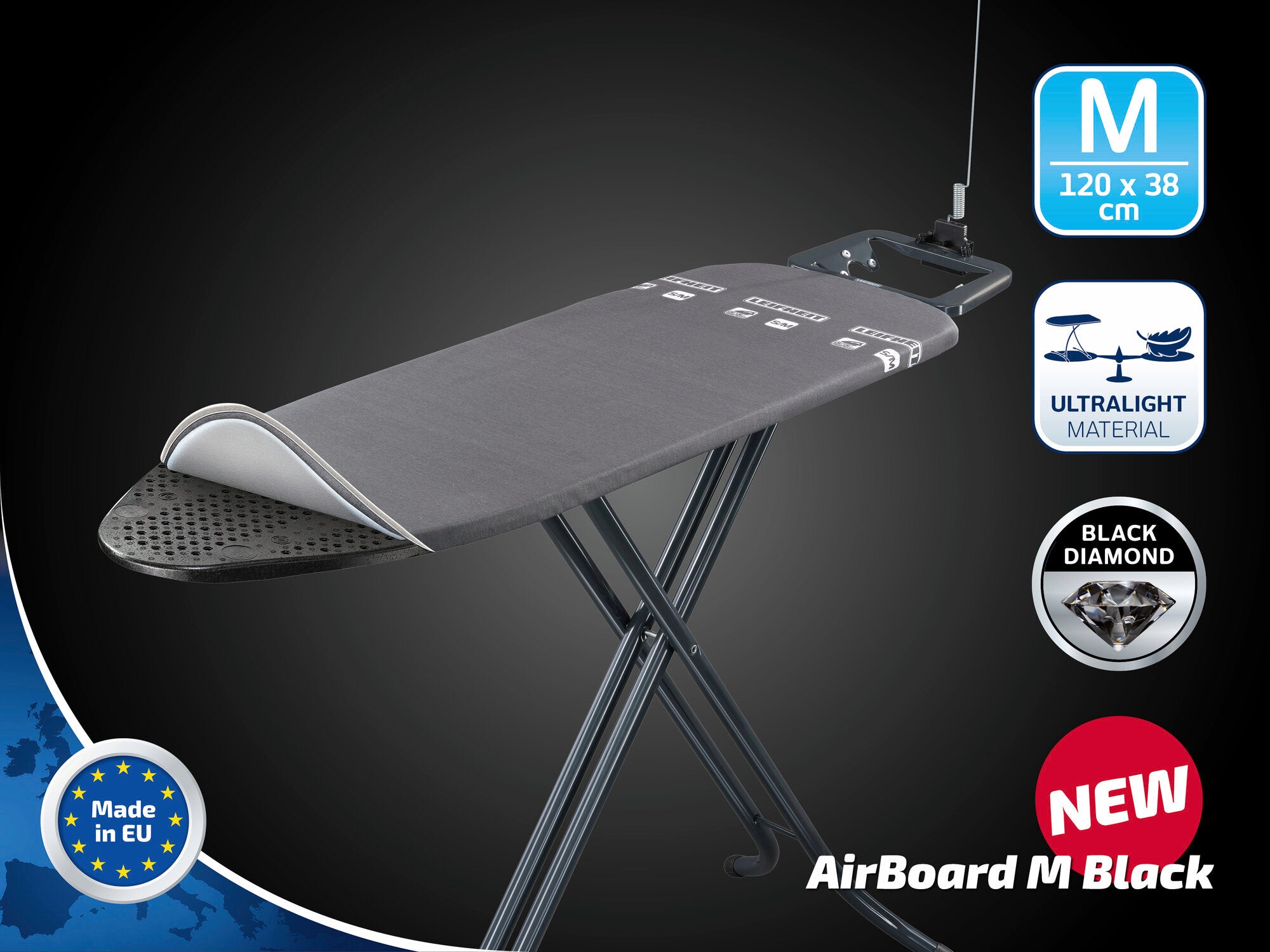 Bügeltisch AirBoard M Black von Leifheit mit einer Bügelfläche von 120 x 38 cm. Aus ultraleichtem Material gefertigt, bietet er Stabilität und Komfort. Made in EU.