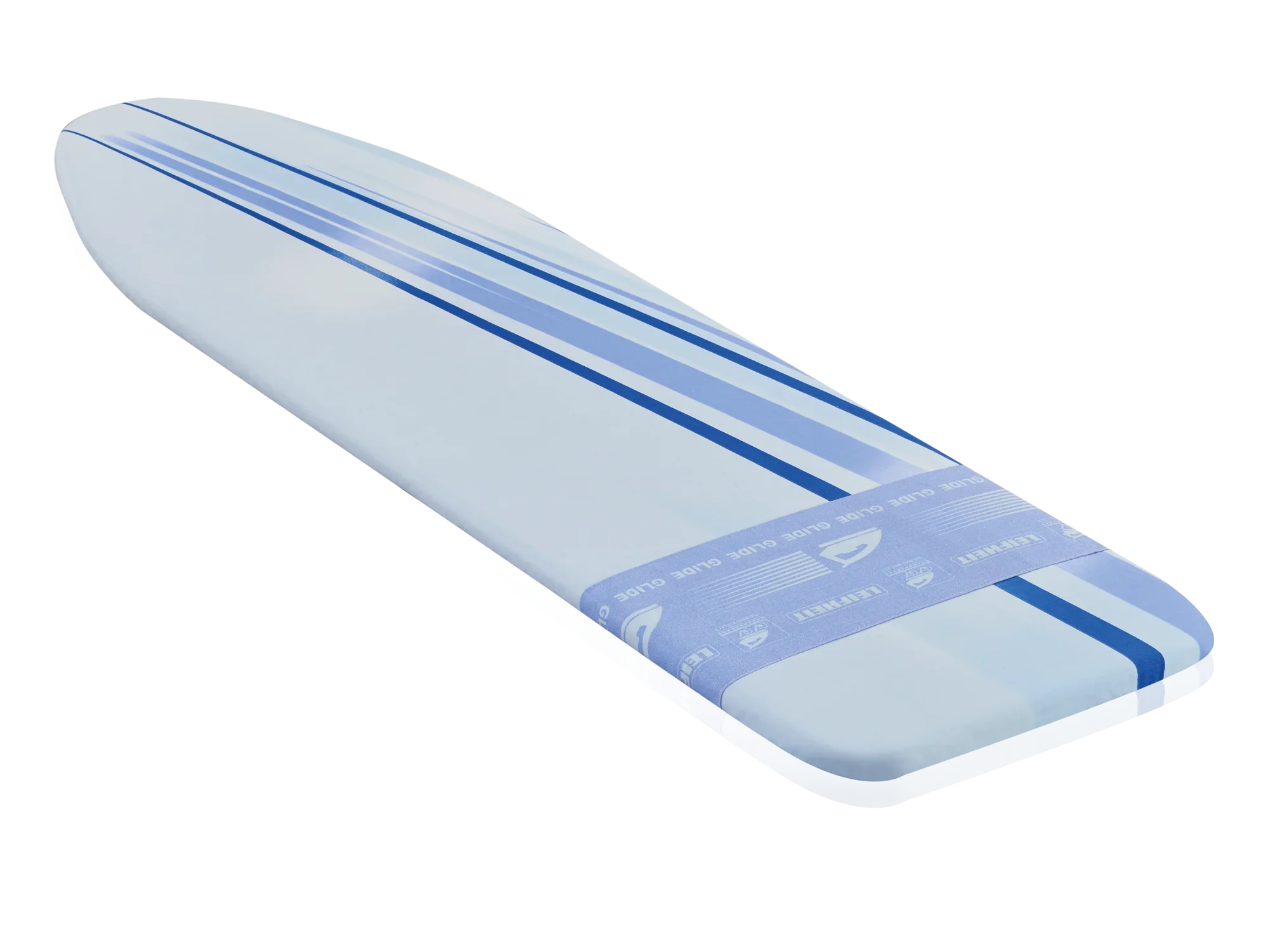 Thermo Reflect Glide en Park L strijkplankovertrek in blauw en wit met een gestreept dessin. De hoes biedt een glad oppervlak voor efficiënt strijken.