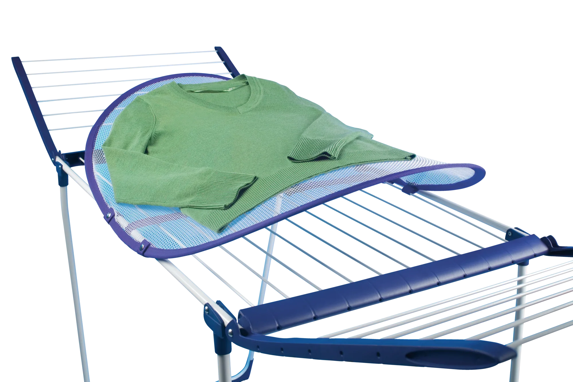 Siatka do suszenia Sensitive Air: Zielony sweter leży na siatce do suszenia przymocowanej do stojaka do suszenia. Siatka chroni delikatną odzież podczas suszenia.