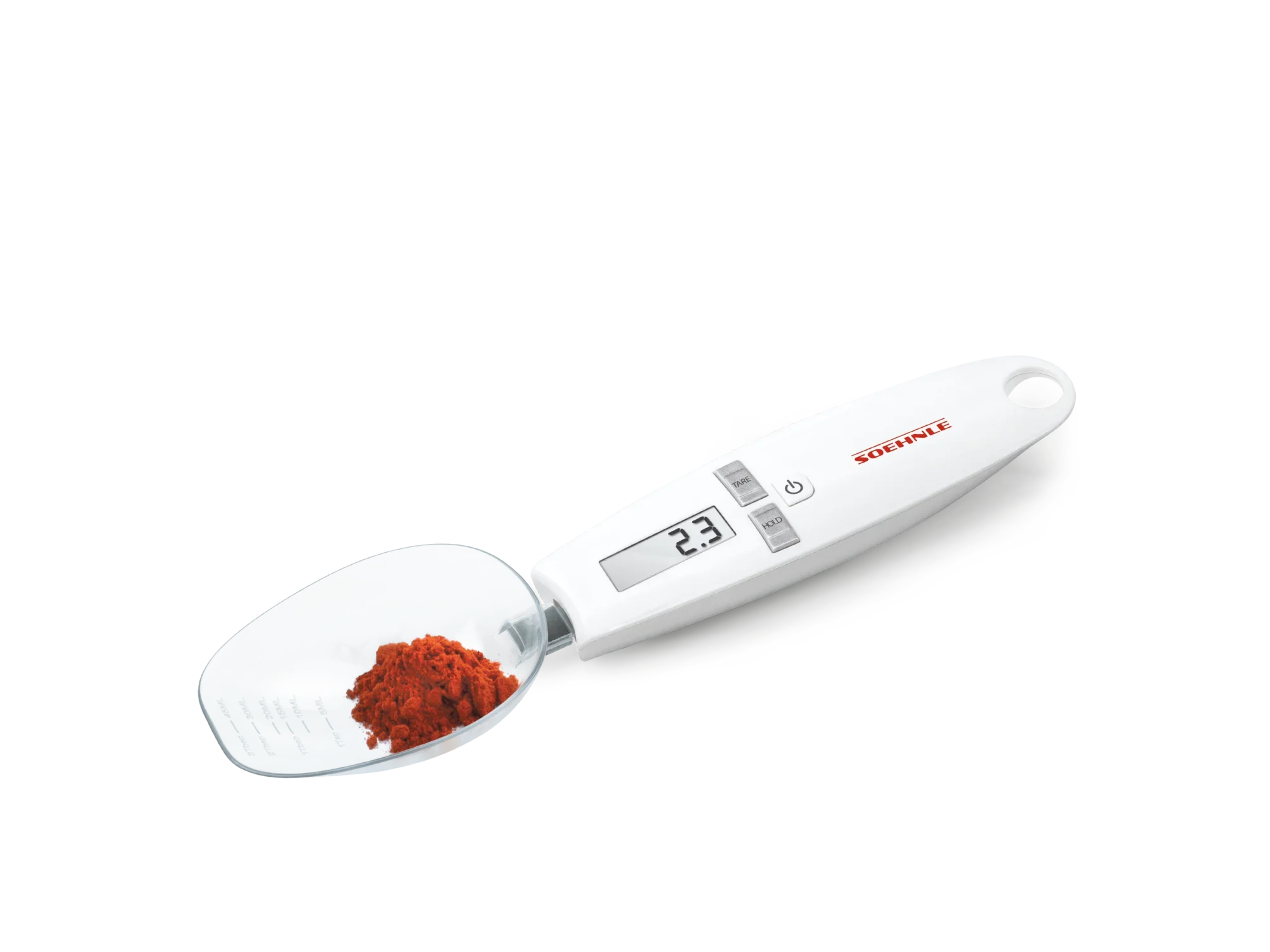 Cyfrowa waga kuchenna Cooking Star ze zintegrowanym wyświetlaczem. Biała waga wyświetla 2,3 grama i zawiera niewielką ilość czerwonego proszku w szalce. Idealna do precyzyjnego ważenia.